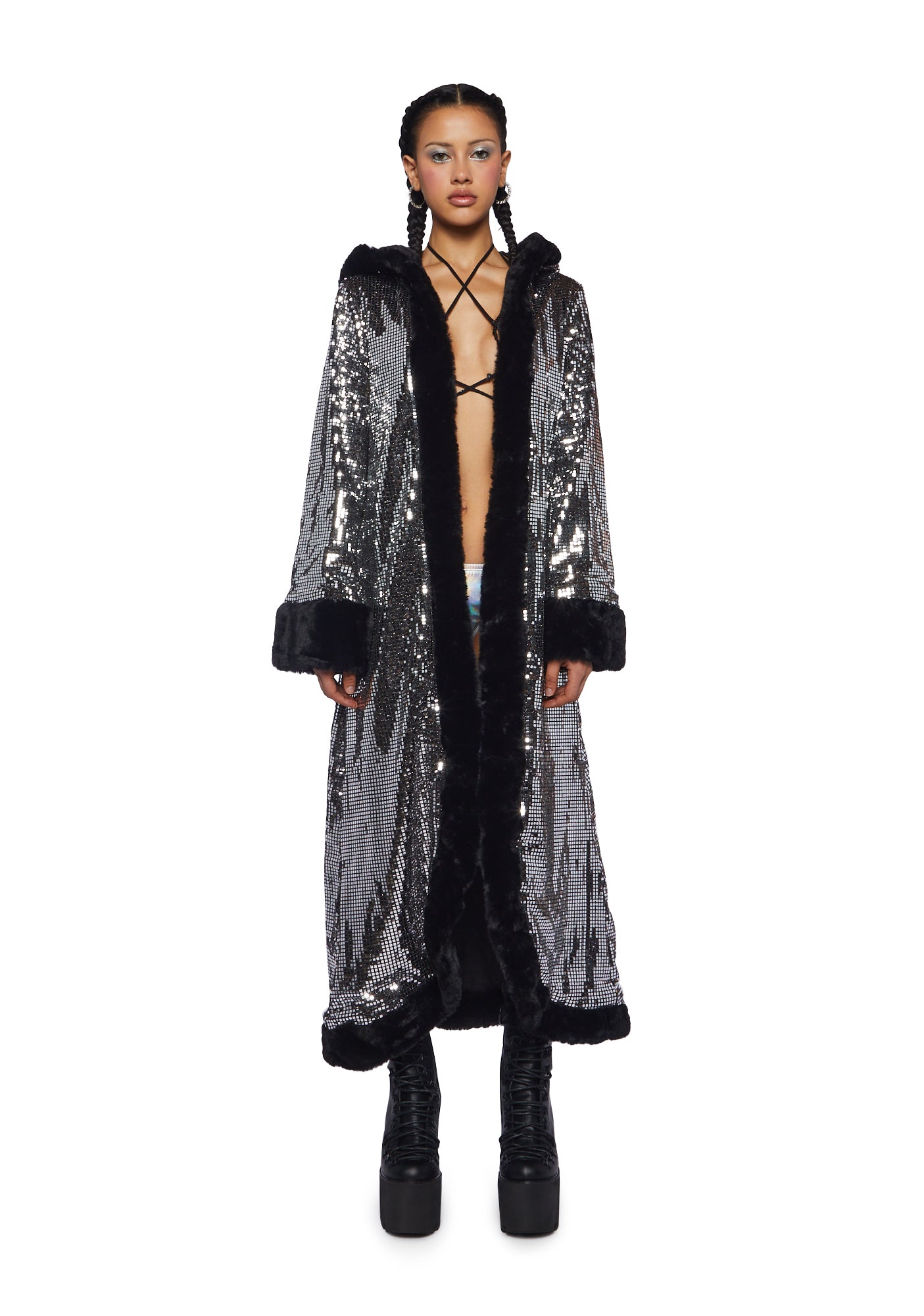 Club Exx Disco Fusion Hooded Duster Silver Silver X Small Small