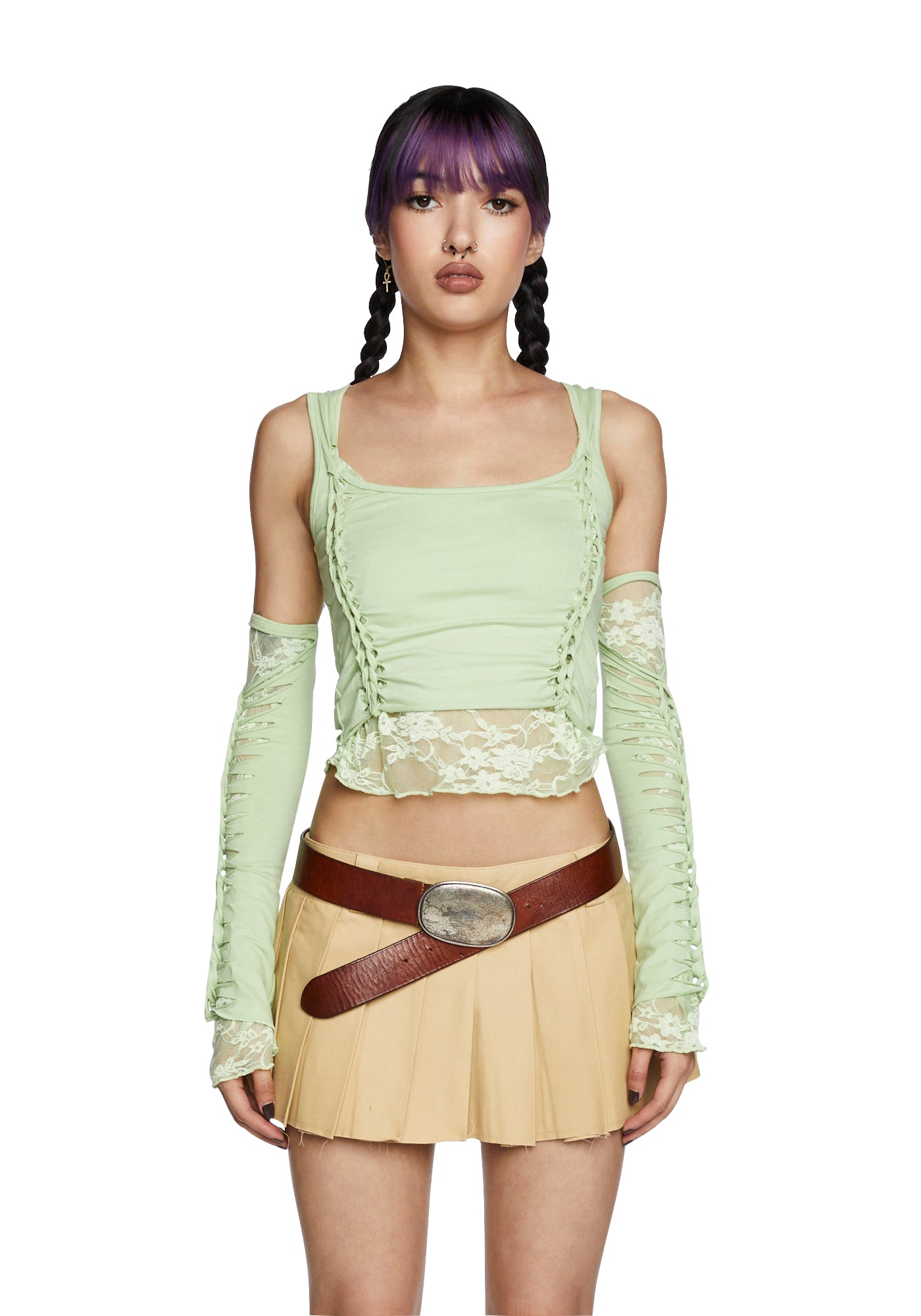 Current Mood Slashed Cut Out Long Sleeve Crop Top And Gloves Set - Light Green