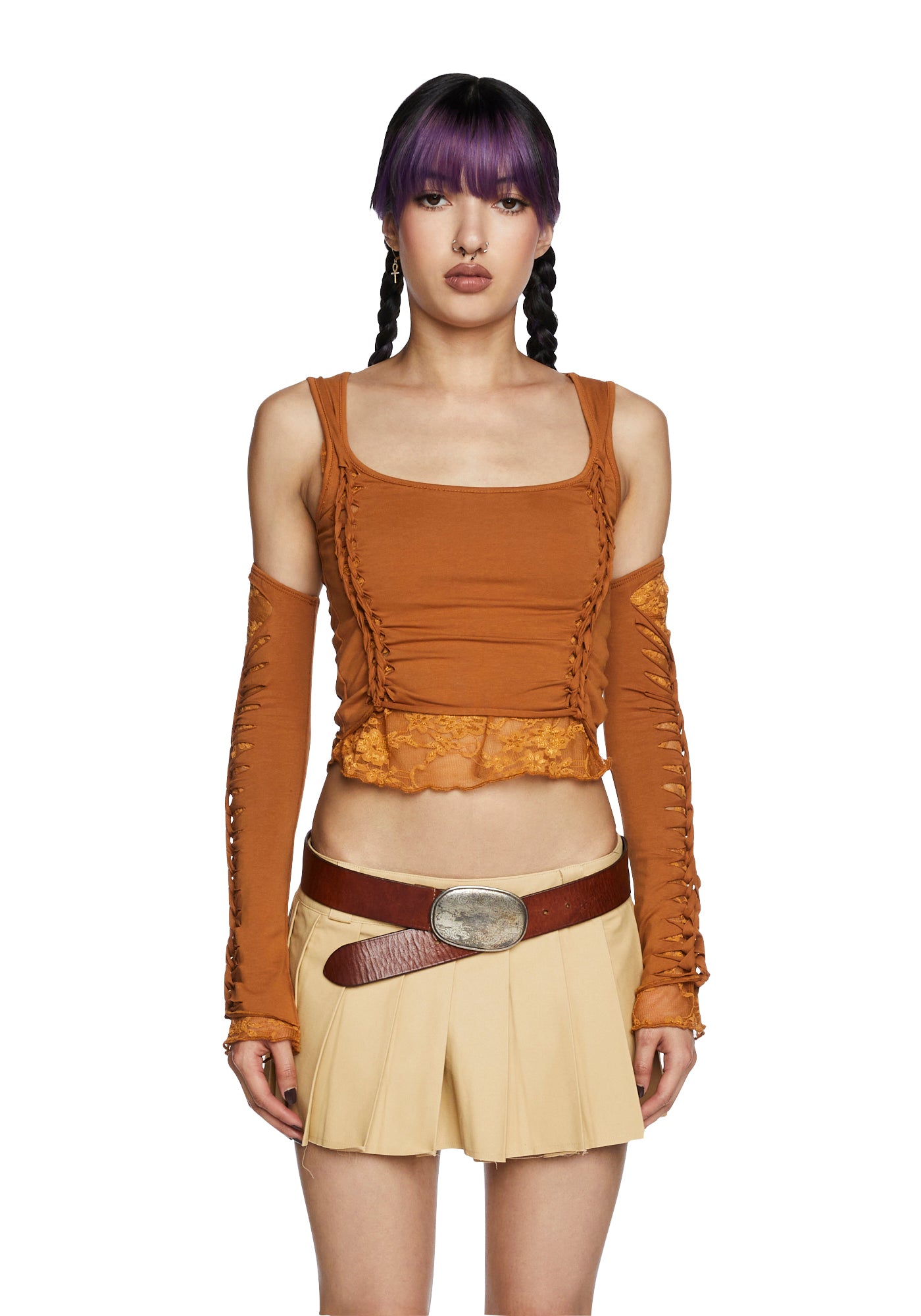 Current Mood Slashed Cut Out Long Sleeve Crop Top And Gloves Set - Brown
