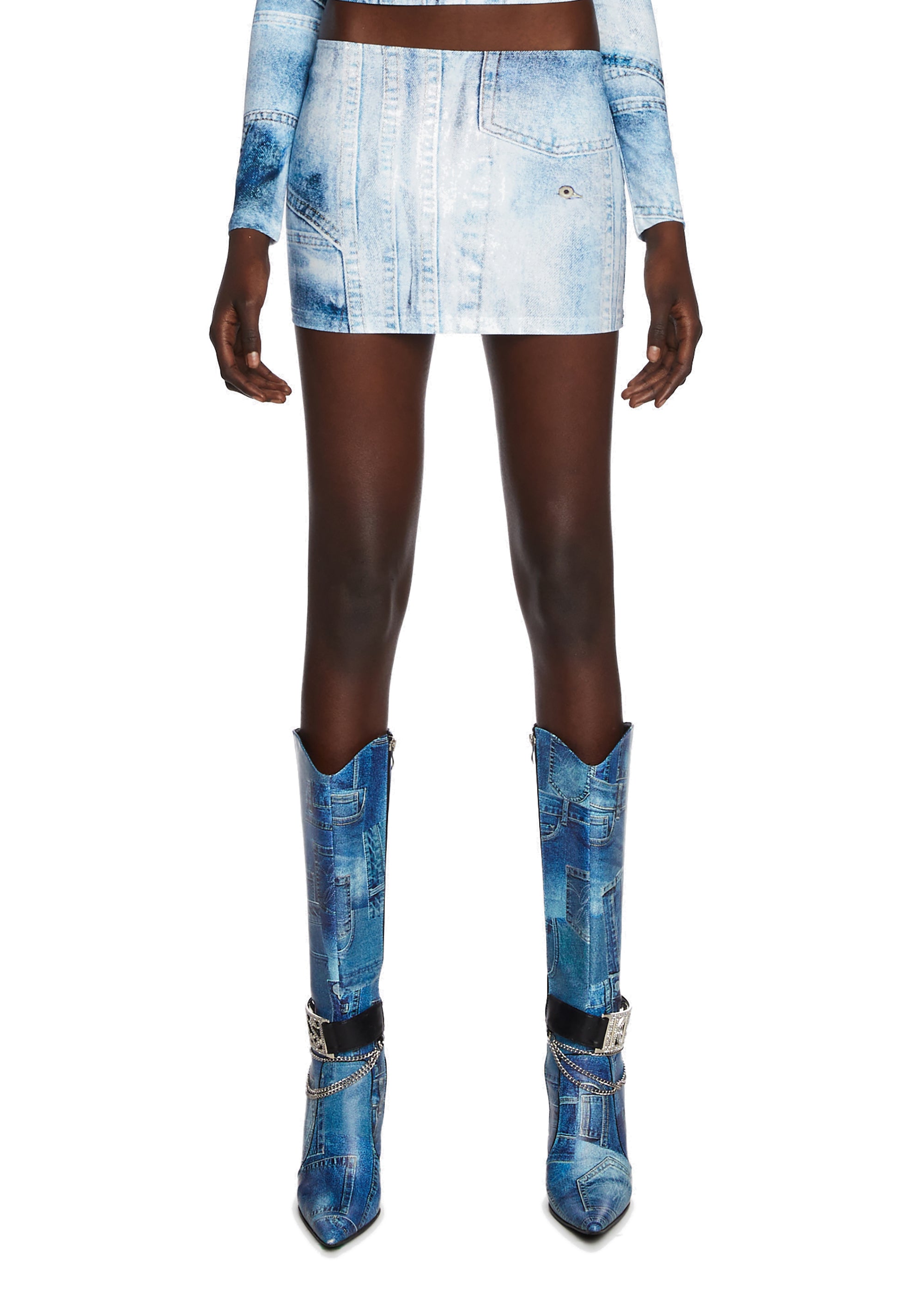 Kenna Grid Deconstruct Patchwork Mini Skirt In Blue