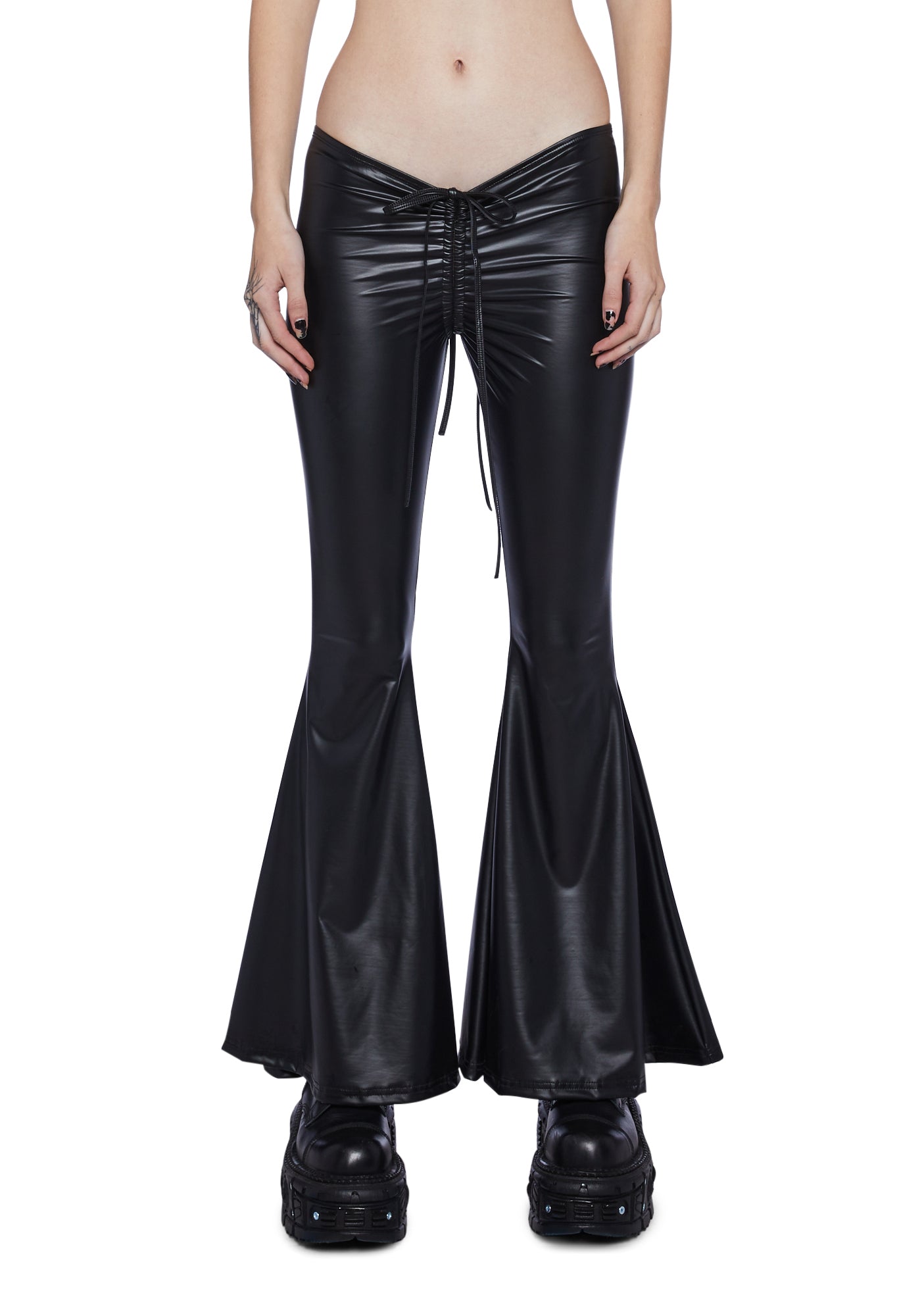 Darker Wavs V Cut Vegan Leather Flare Pants Black Dolls Kill