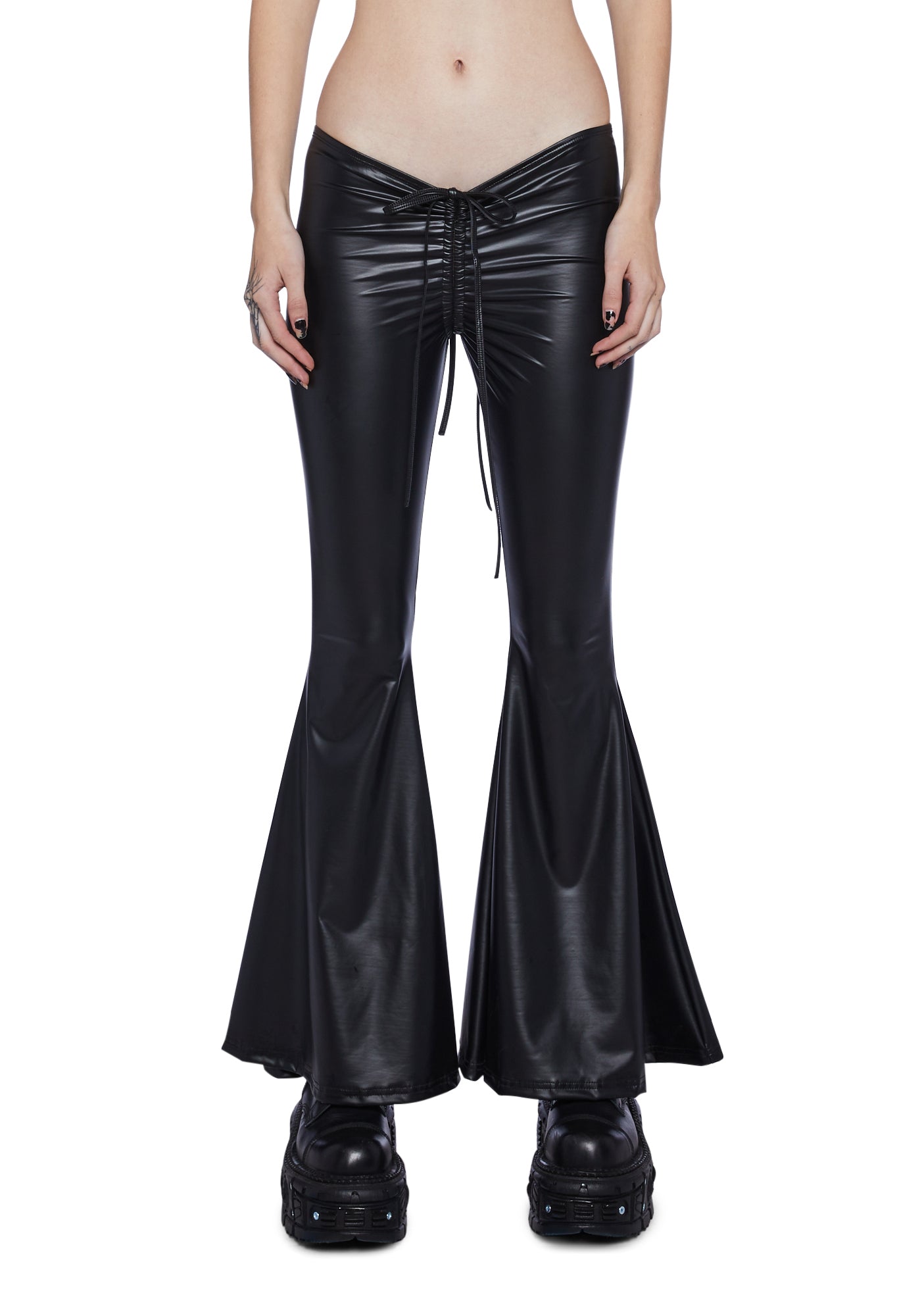 Darker Wavs V Cut Vegan Leather Flare Pants - Black – Dolls Kill