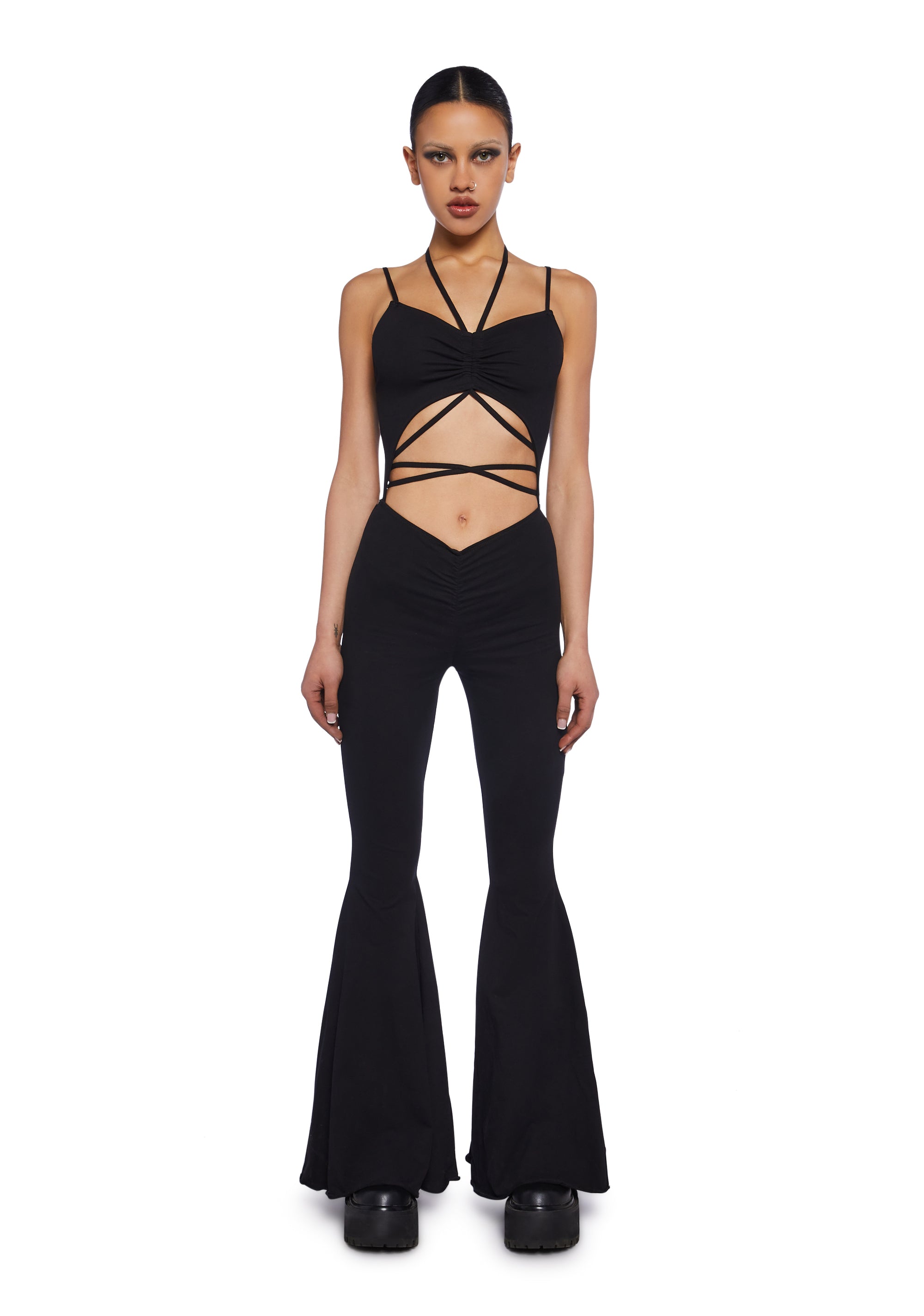 Darker Wavs V Cut Flared Halter Jumpsuit Black – Dolls Kill