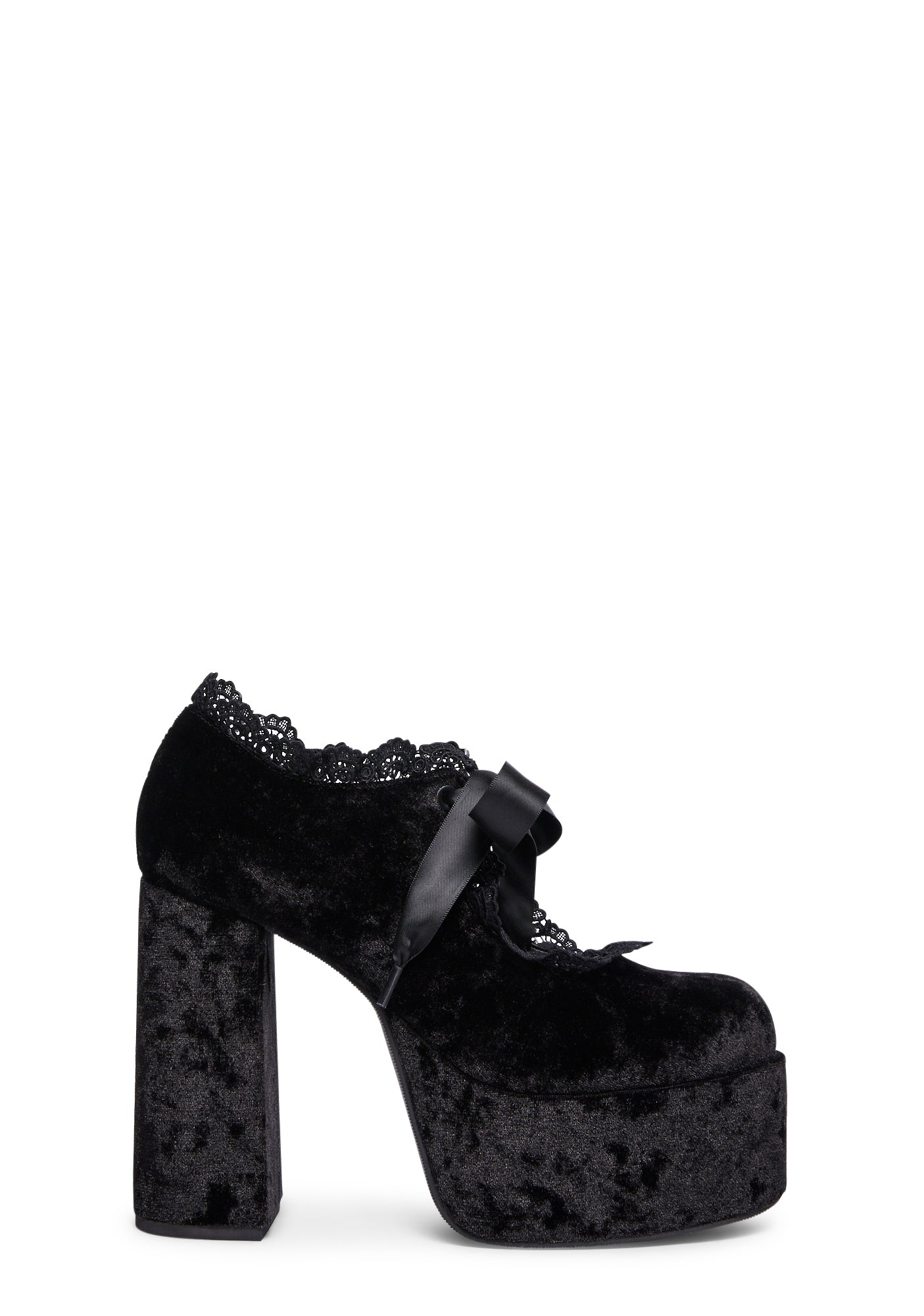 Widow Crushed Velvet Lace Trim Platform Mary Janes Black – Dolls