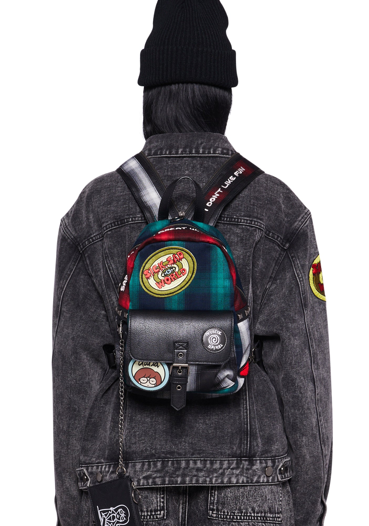 Dolls Kill x Daria 90s Grunge Mixed Plaid Flannel Backpack Multi