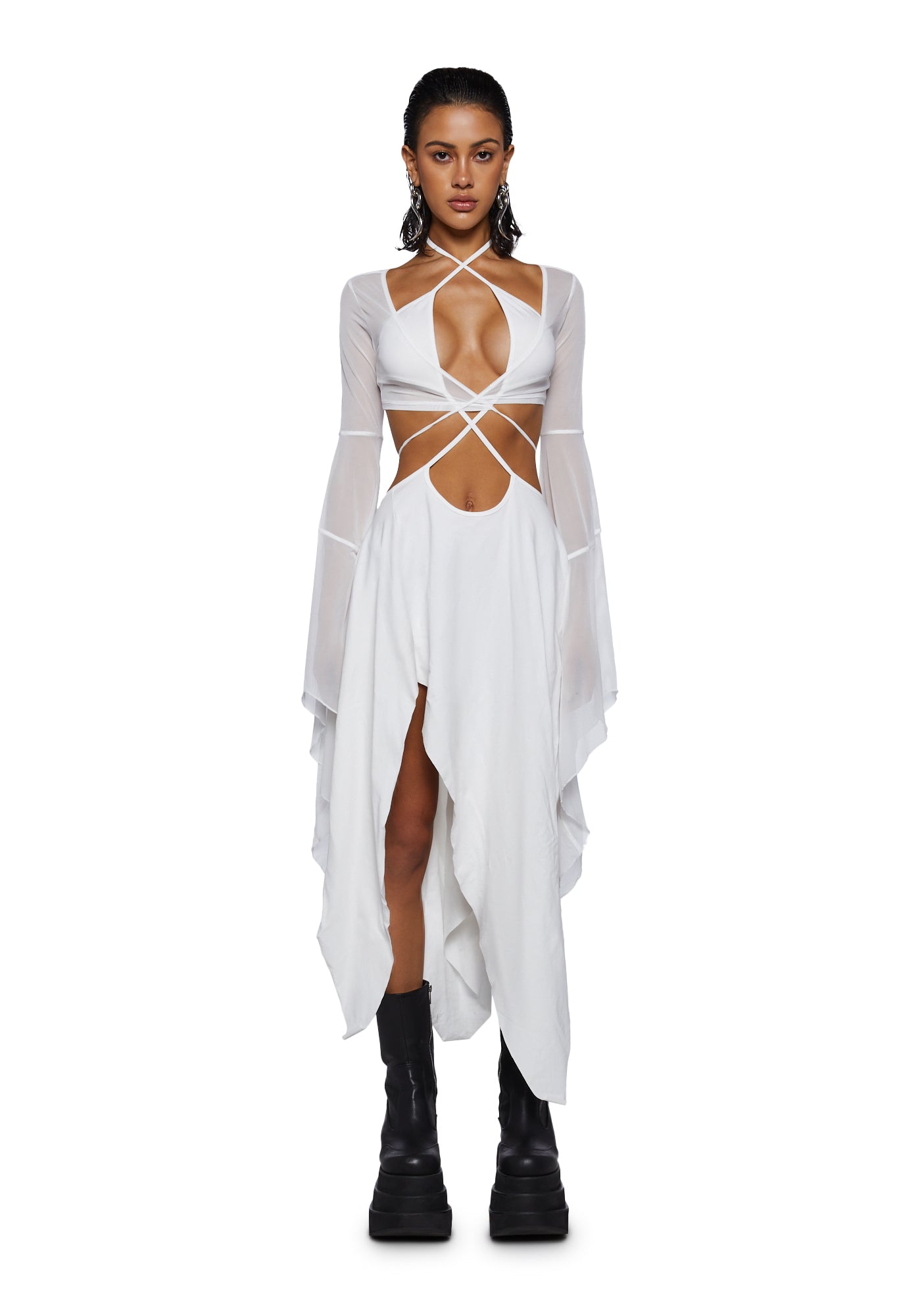 Darker Wavs Asymmetrical Mesh Wrap Midi Dress - Washed Black Dolls Kill Darker Wavs Asymmetrical Mesh Wrap Midi Dress - Washed Black Dolls Kill
