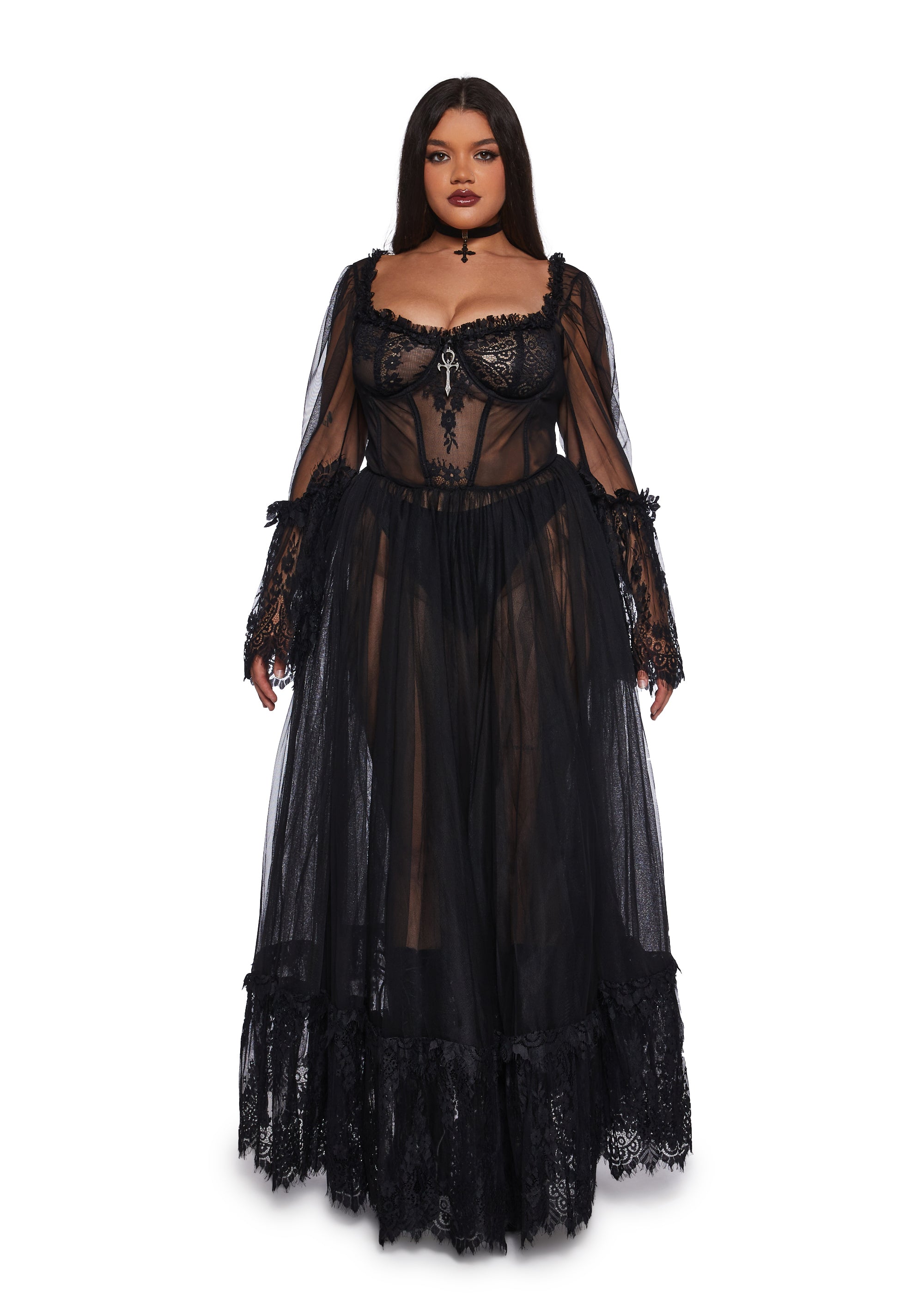 Plus Size Widow Gothic Lace Bustier Long Sleeve Maxi Gown Black