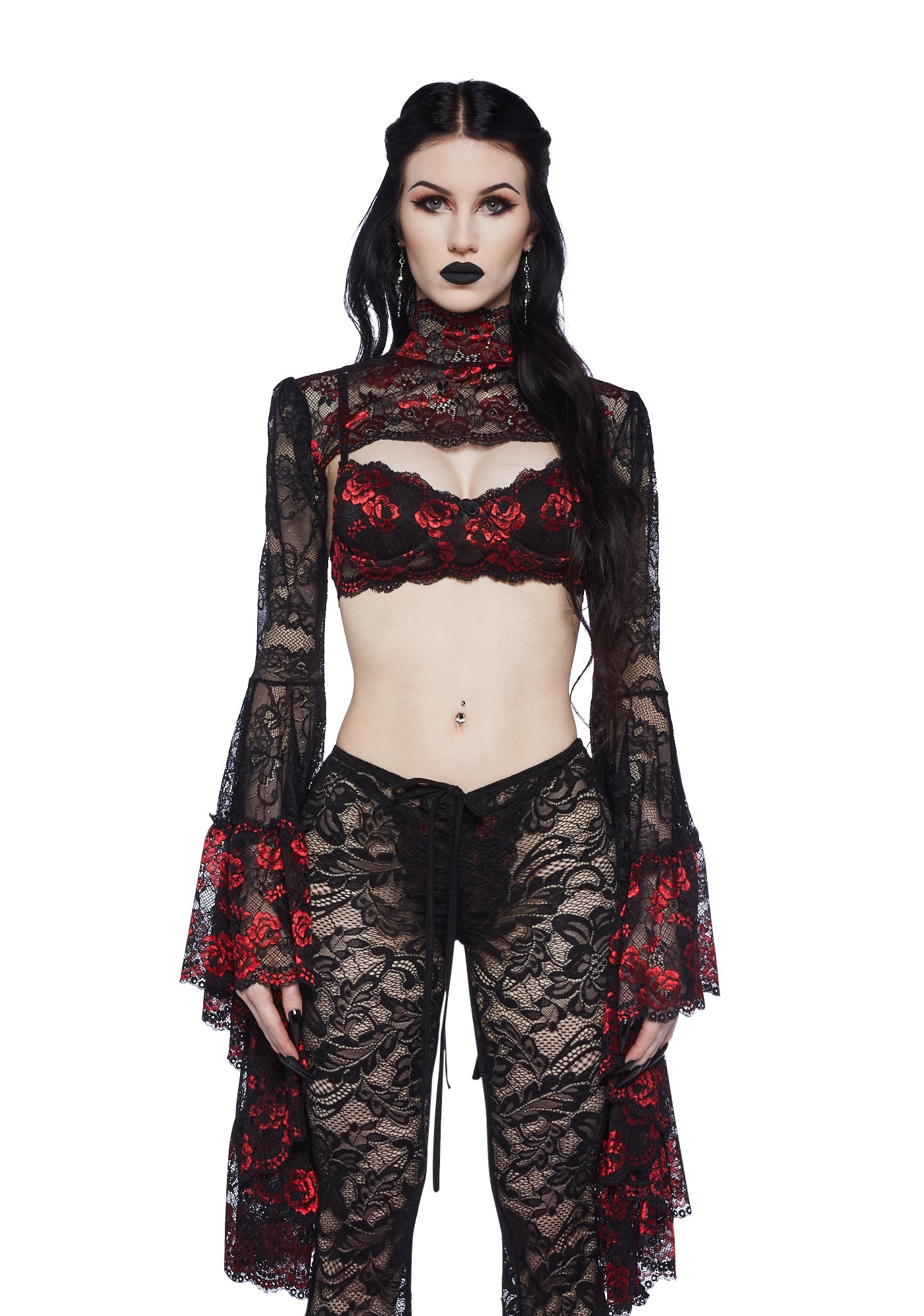Widow Sheer Lace Shrug With Sleeves - Black/Red – Dolls Kill