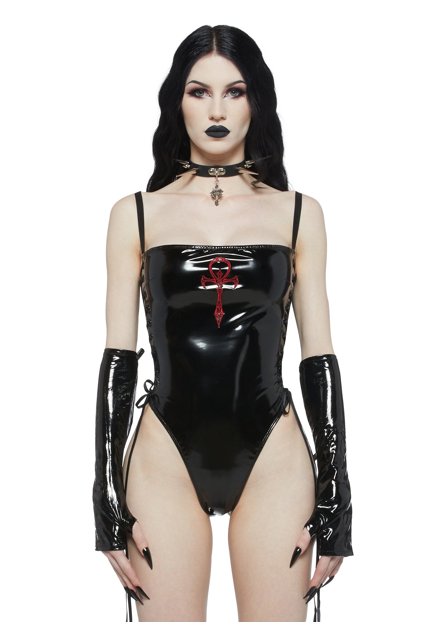 Widow Patent Vinyl Bodysuit With Embroidered Symbol - Black – Dolls Kill