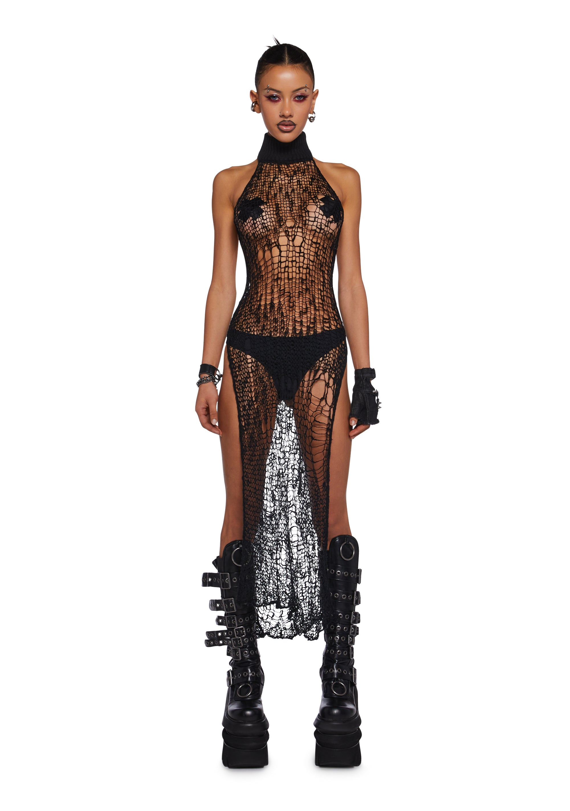 【MORE THAN BLACK】25SS★ CUT OFF HALF SLEEVE Darker Wavs Asymmetrical Mesh Wrap Midi Dress - Washed Black