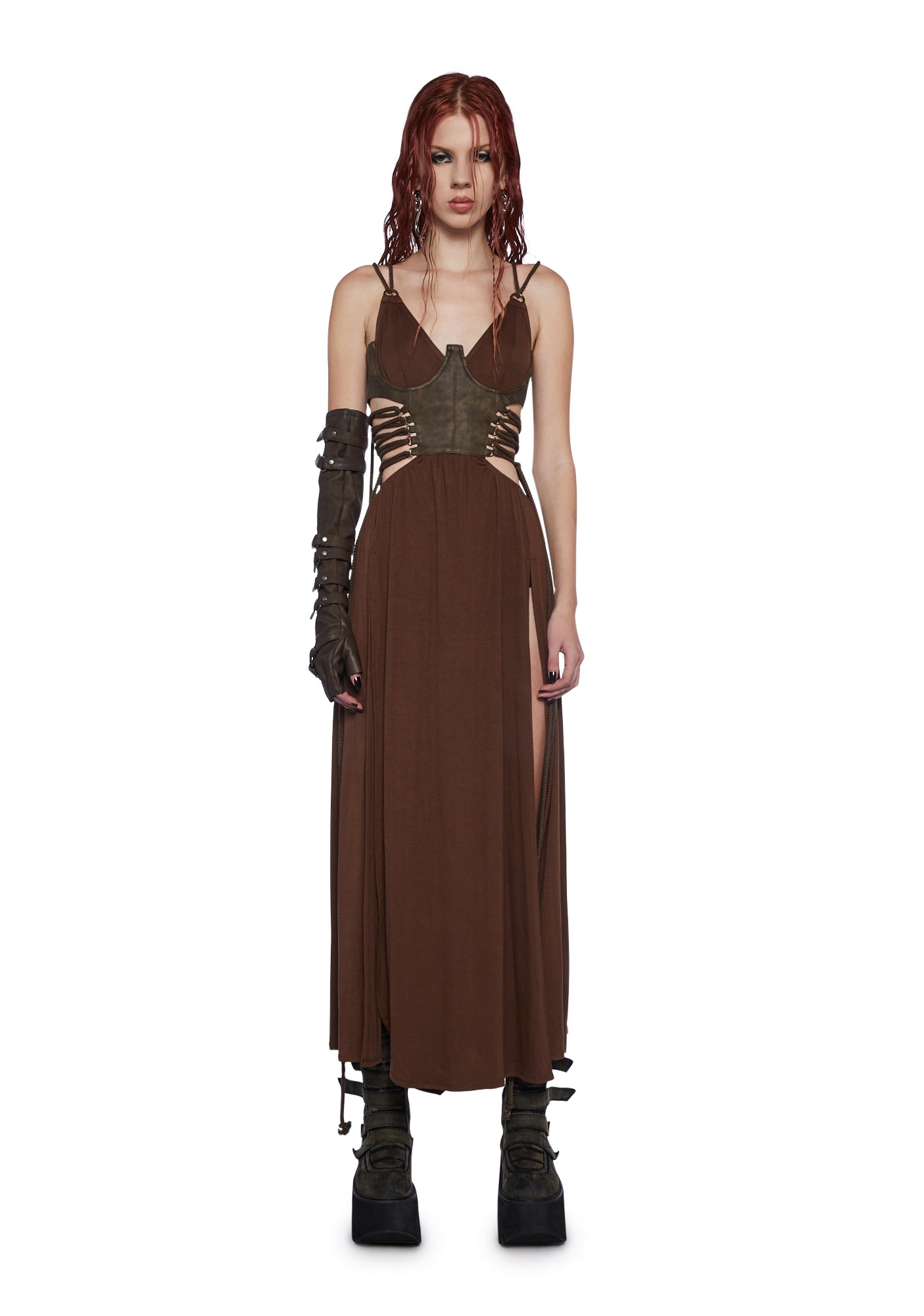 Darker Wavs Vegan Leather Underbust Corset Dress With Side Slits - Brown