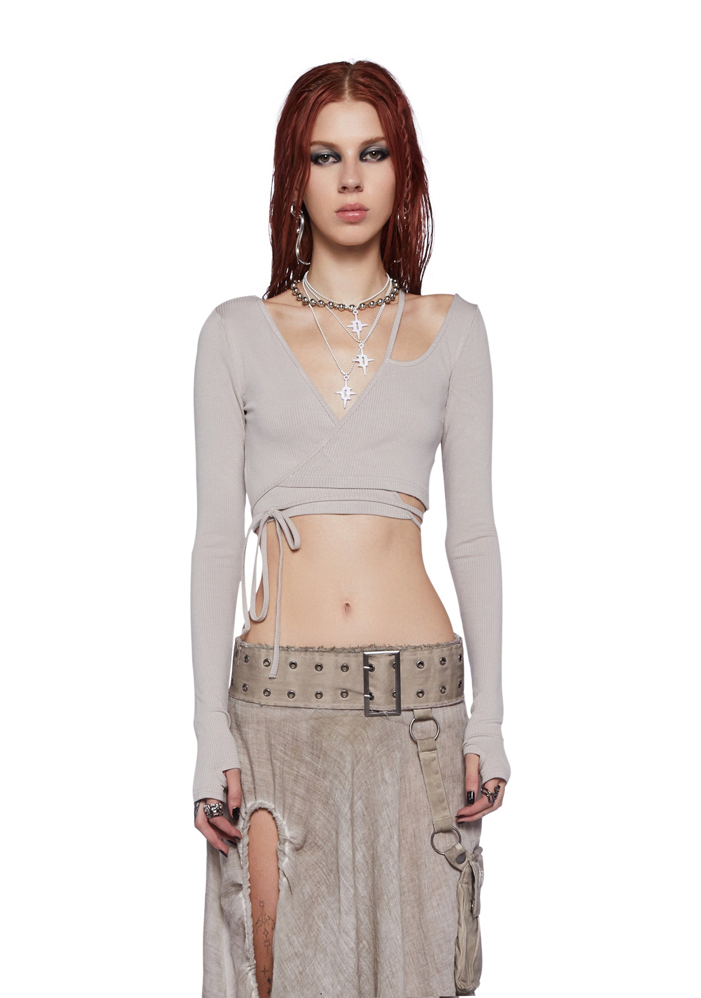 darker wavs トップセット Darker Wavs Ribbed Long Sleeve Wrap Top - Off White – Dolls Kill