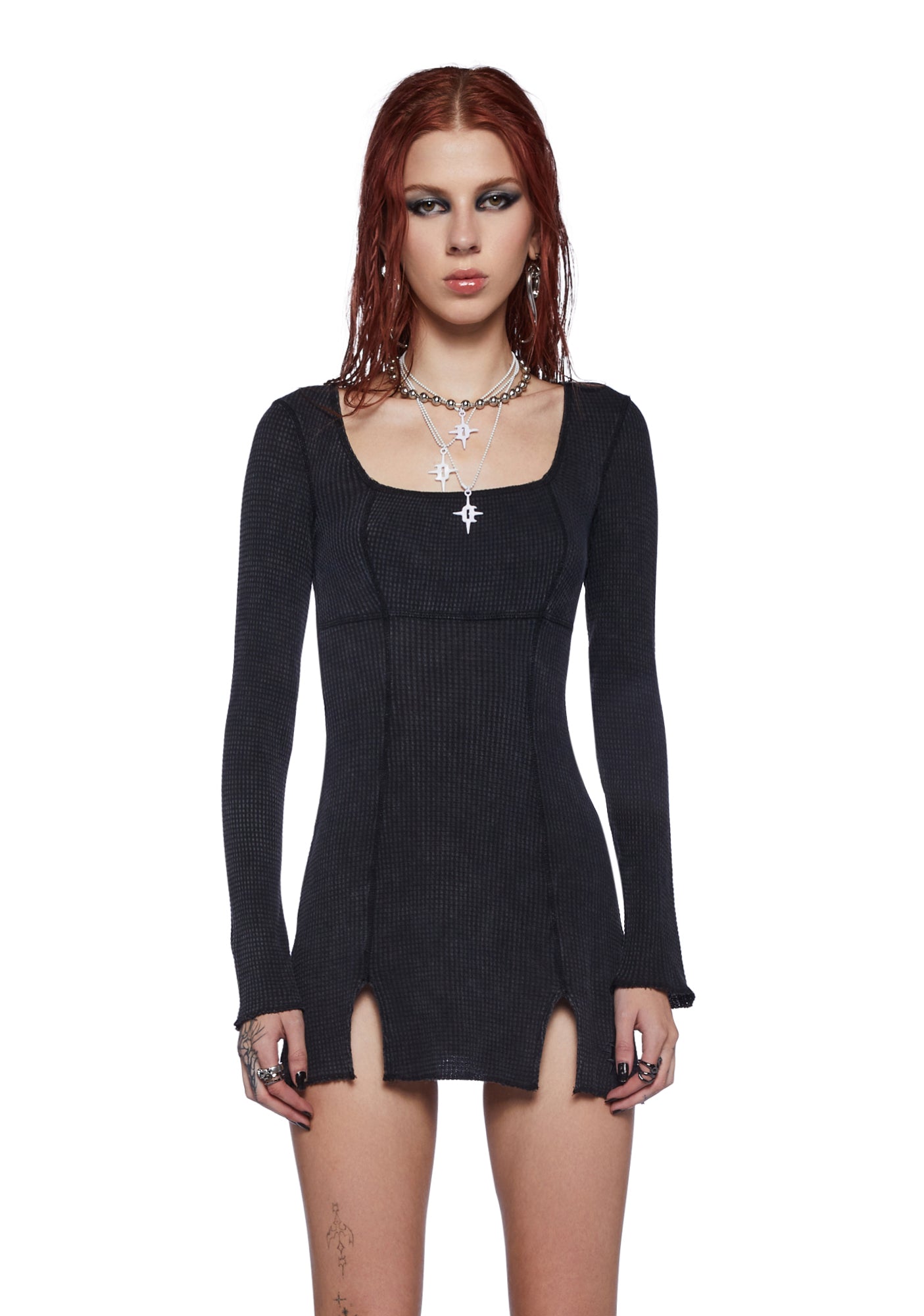 Darker Wavs Thermal Long Sleeve Waffle Knit Dress Gray
