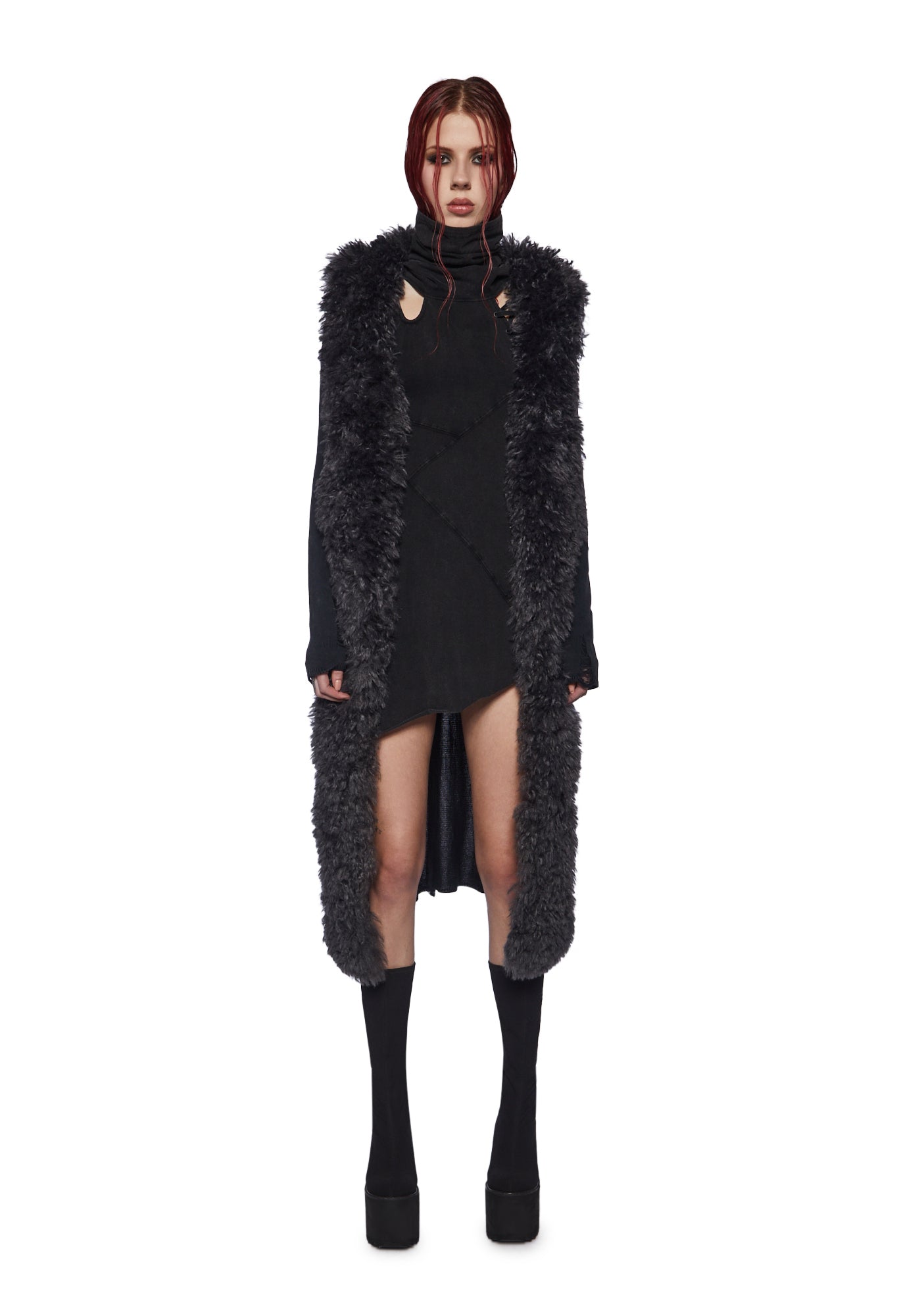 Darker Wavs Ribbed Cut Out Knit Duster With Faux Fur Trim Gray
