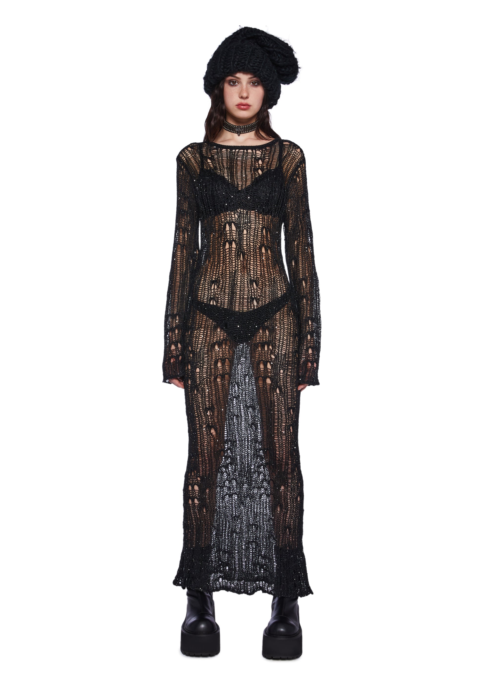 The Ragged Priest Sheer Knit Sequin Maxi Dress - Black Dolls Kill The Ragged Priest Sheer Knit Sequin Maxi Dress - Black Dolls Kill
