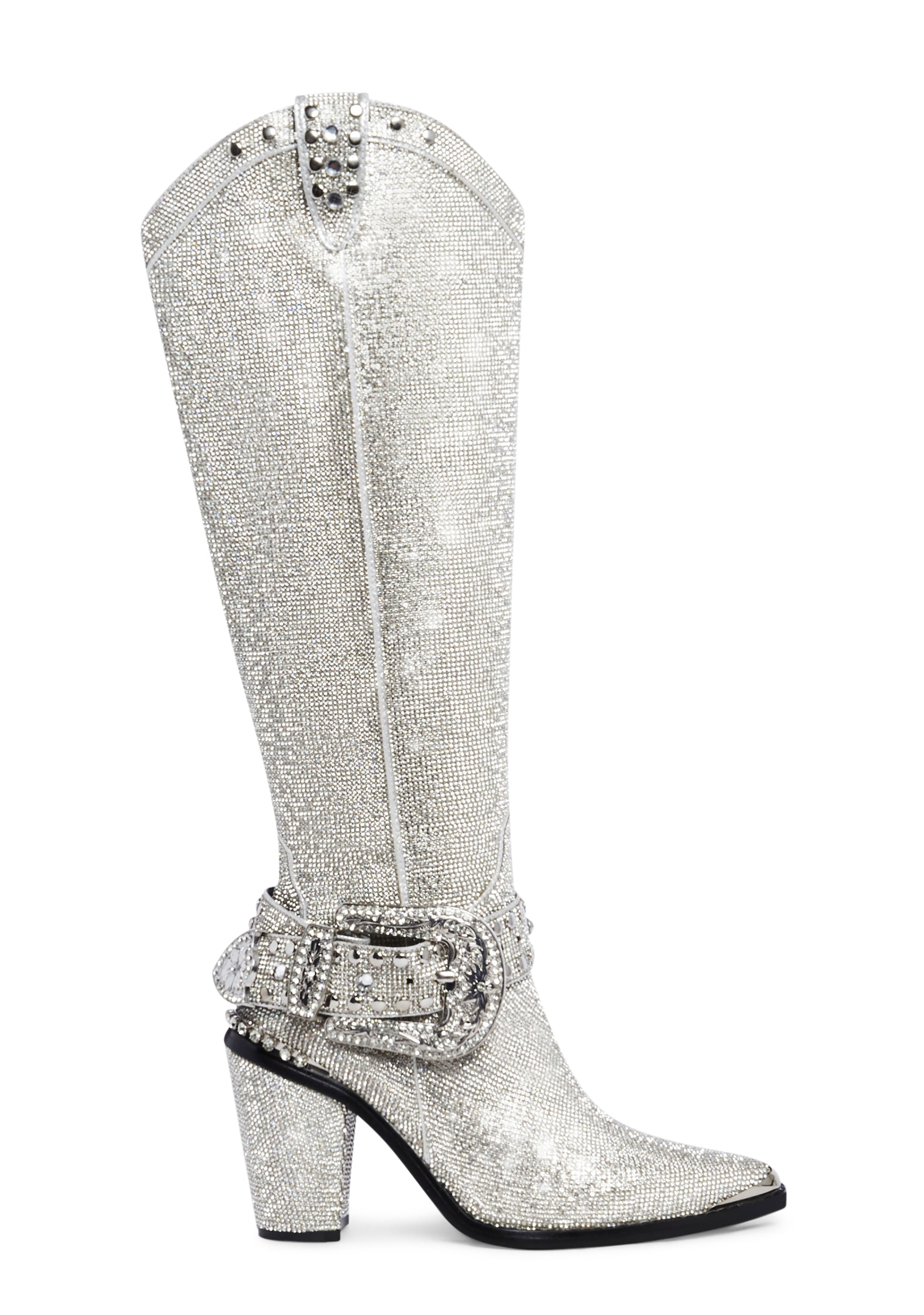 Club Exx Rhinestone Knee High Pointed Toe Cowboy Boots Silver