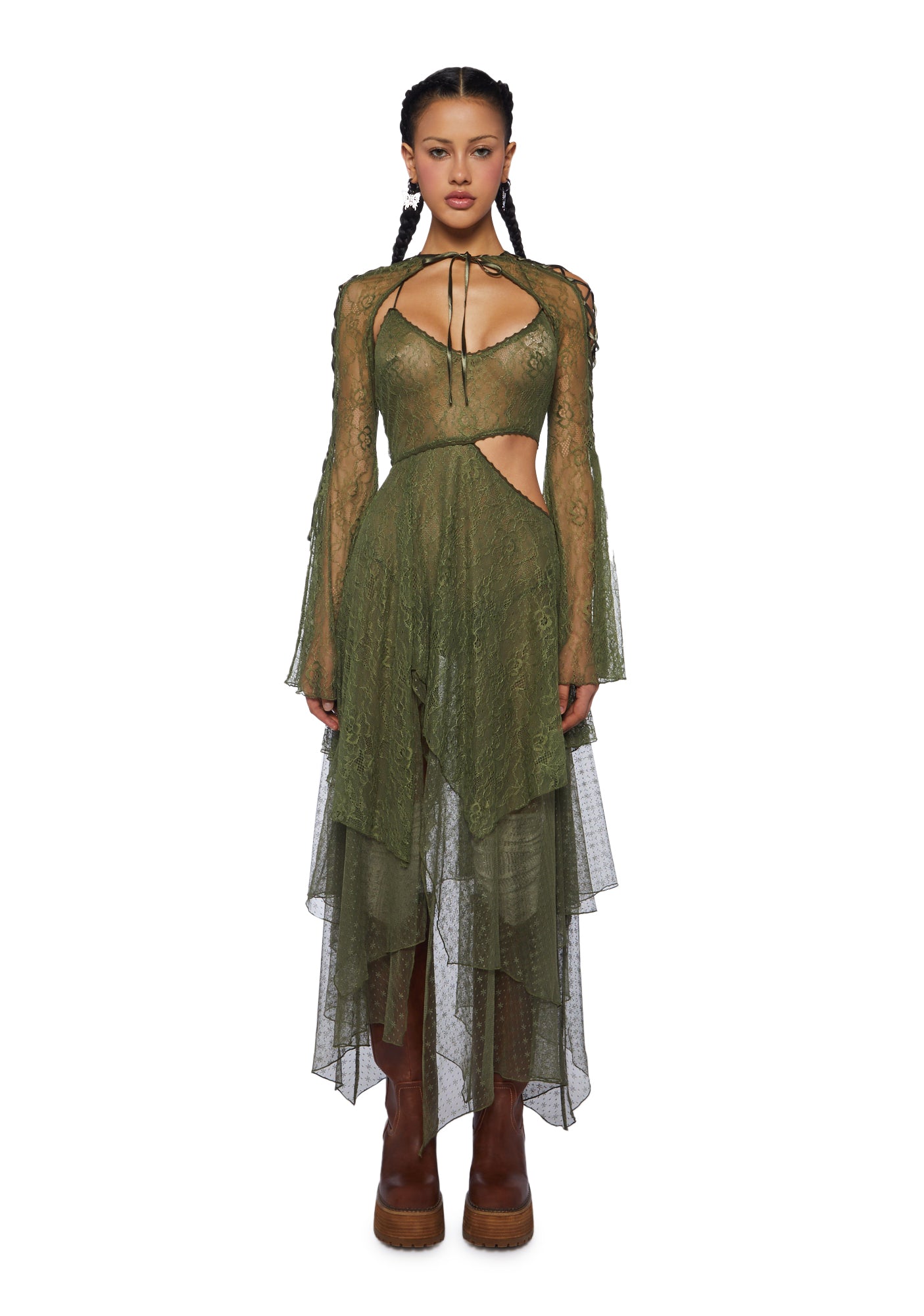 Current Mood Lace Handkerchief Dress And Shrug - Olive