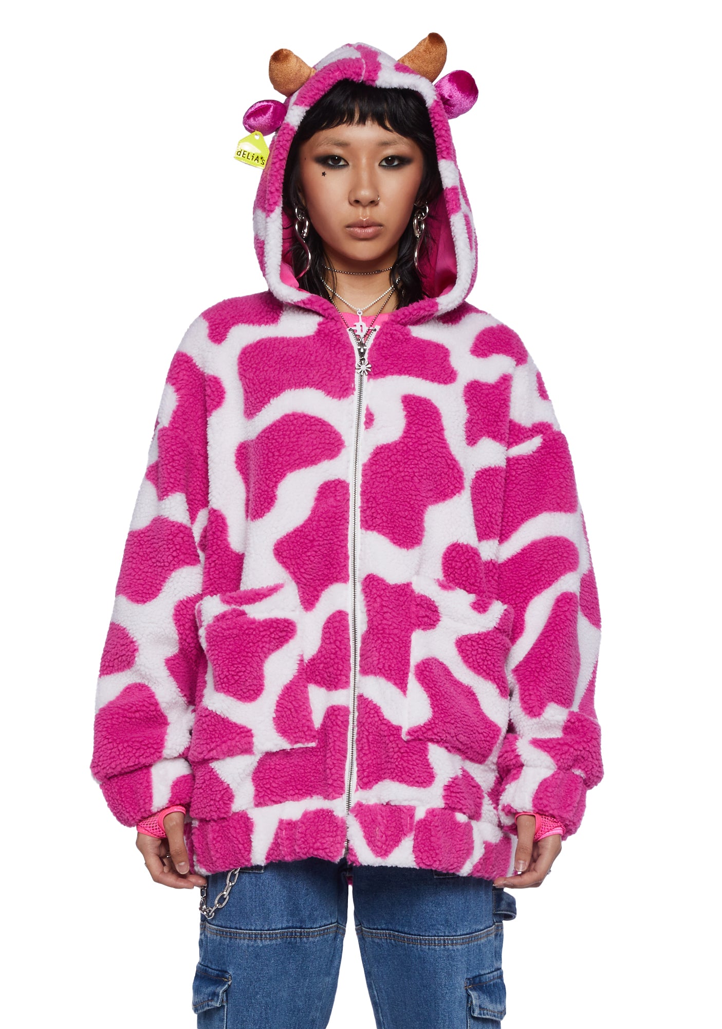 Delia's Cow Hooded Sherpa Jacket- Pink – Dolls Kill