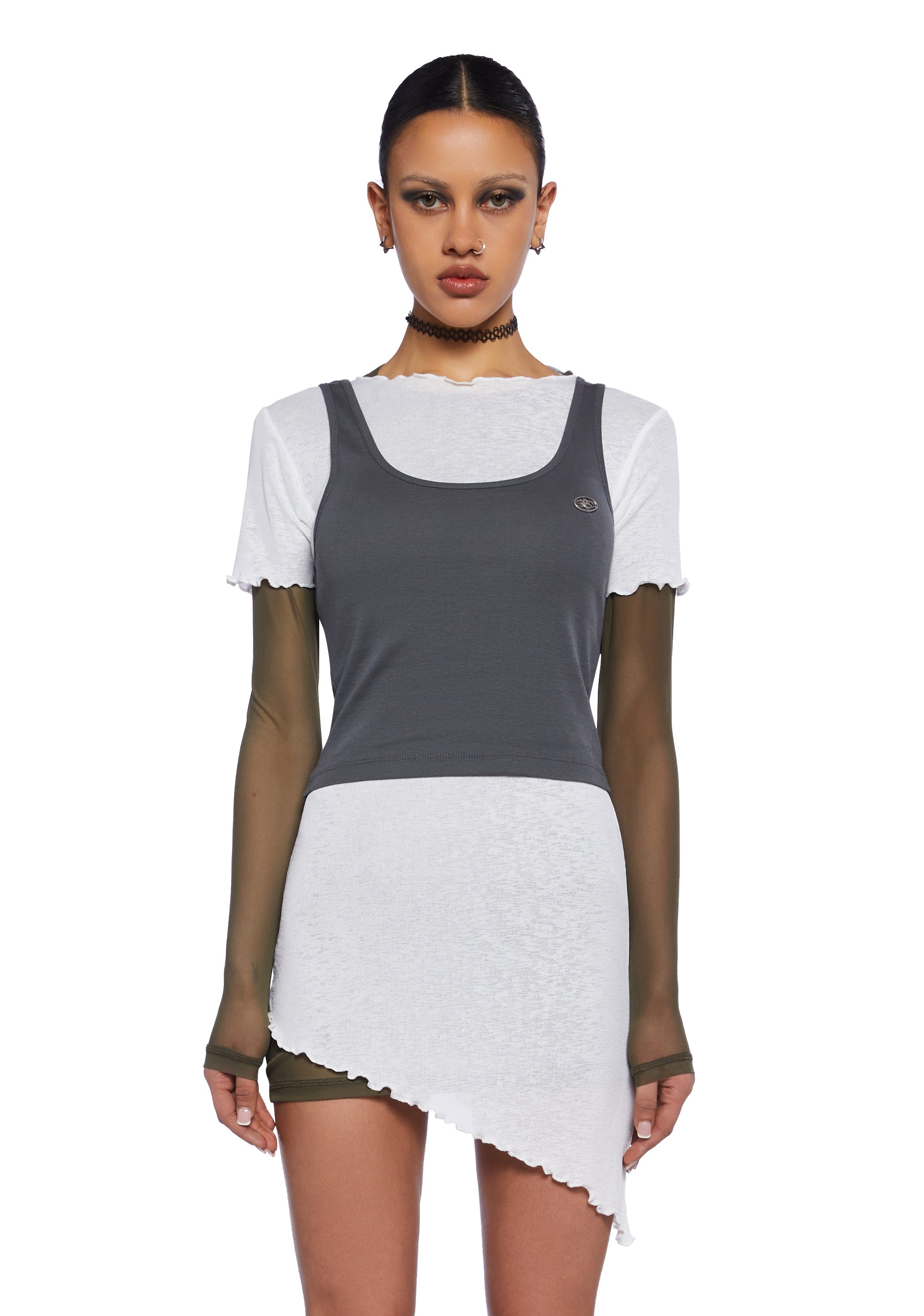 Basic Pleasure Mode Layered Mesh Lettuce Trim Long Sleeve