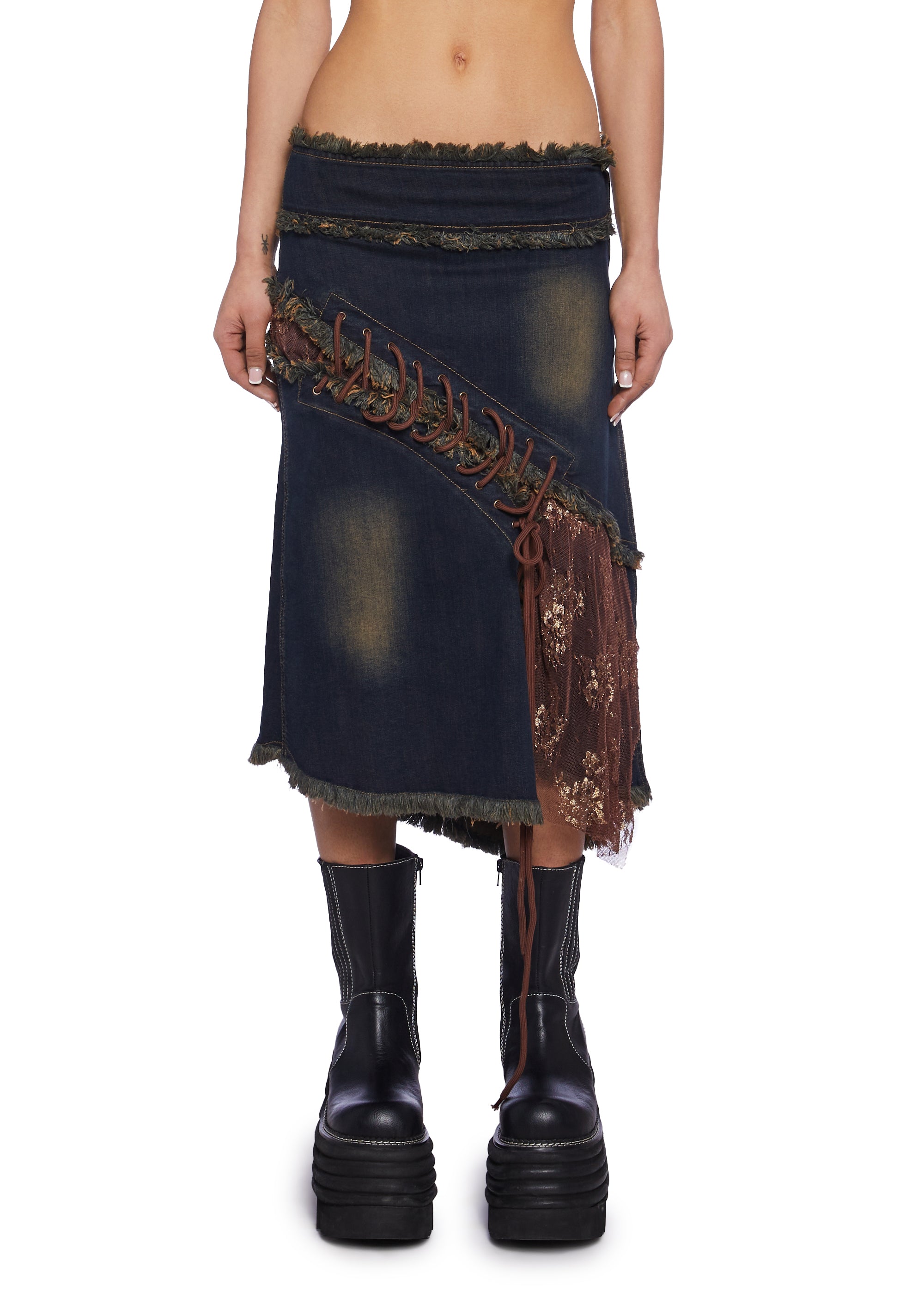 Basic Pleasure Mode Washed denim Midi Skirt With Lace Up And