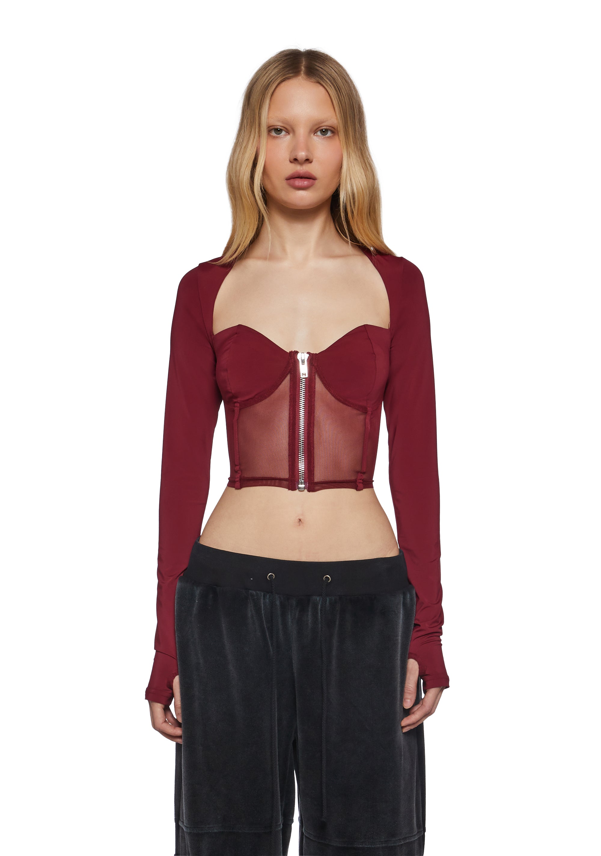 Poster Grl Sheer Mesh Long Sleeve Corset Crop Top - Red