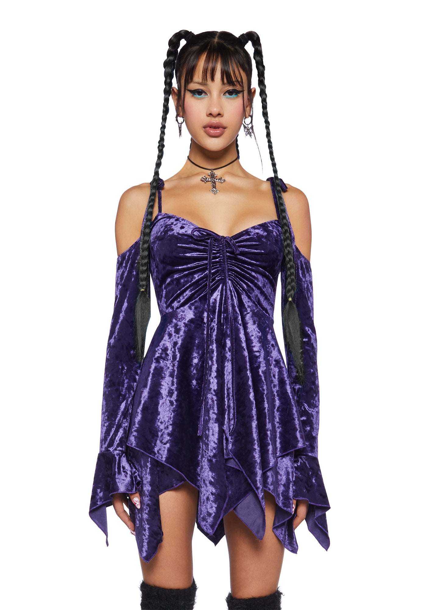 Current Mood Off The Shoulder Velvet Handkerchief Mini Dress - Purple