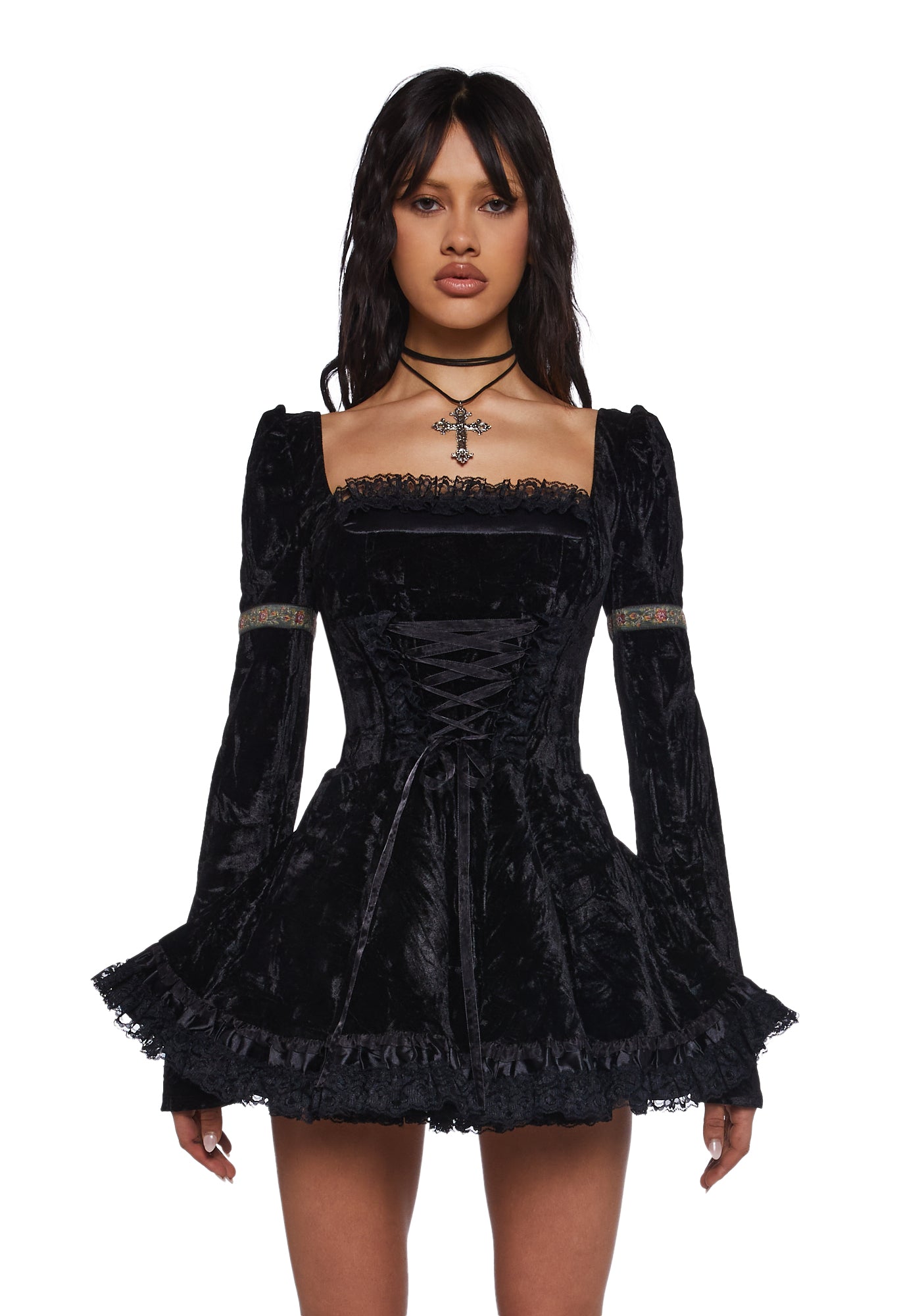 Current Mood Velour Embroidered Trim Mini Dress - Black
