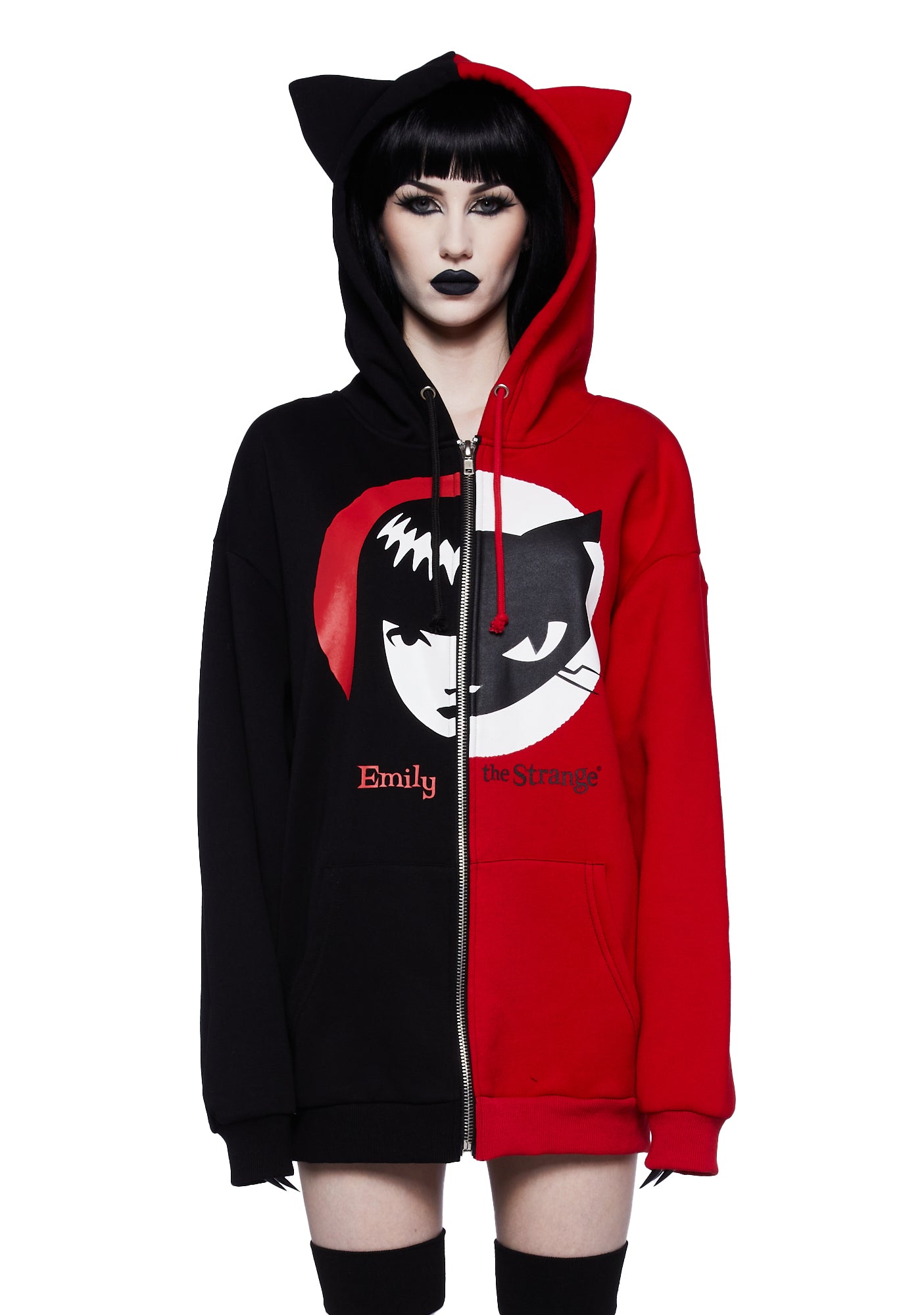 Dolls Kill x Emily The Strange Colorblock Cat Hoodie Black Red