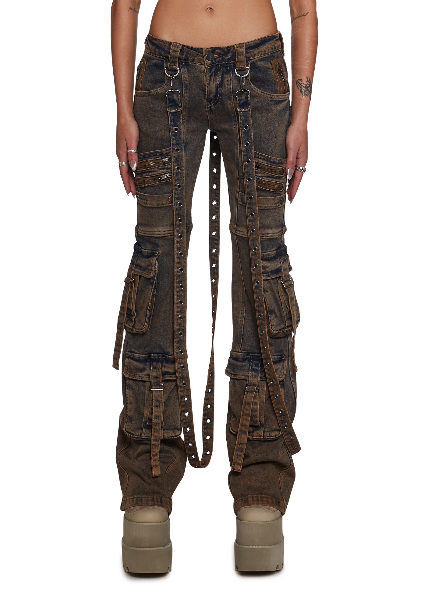 Darker Wavs Aurora Washed Denim Strappy Cargo Pants With Zippers Beige Dolls Kill