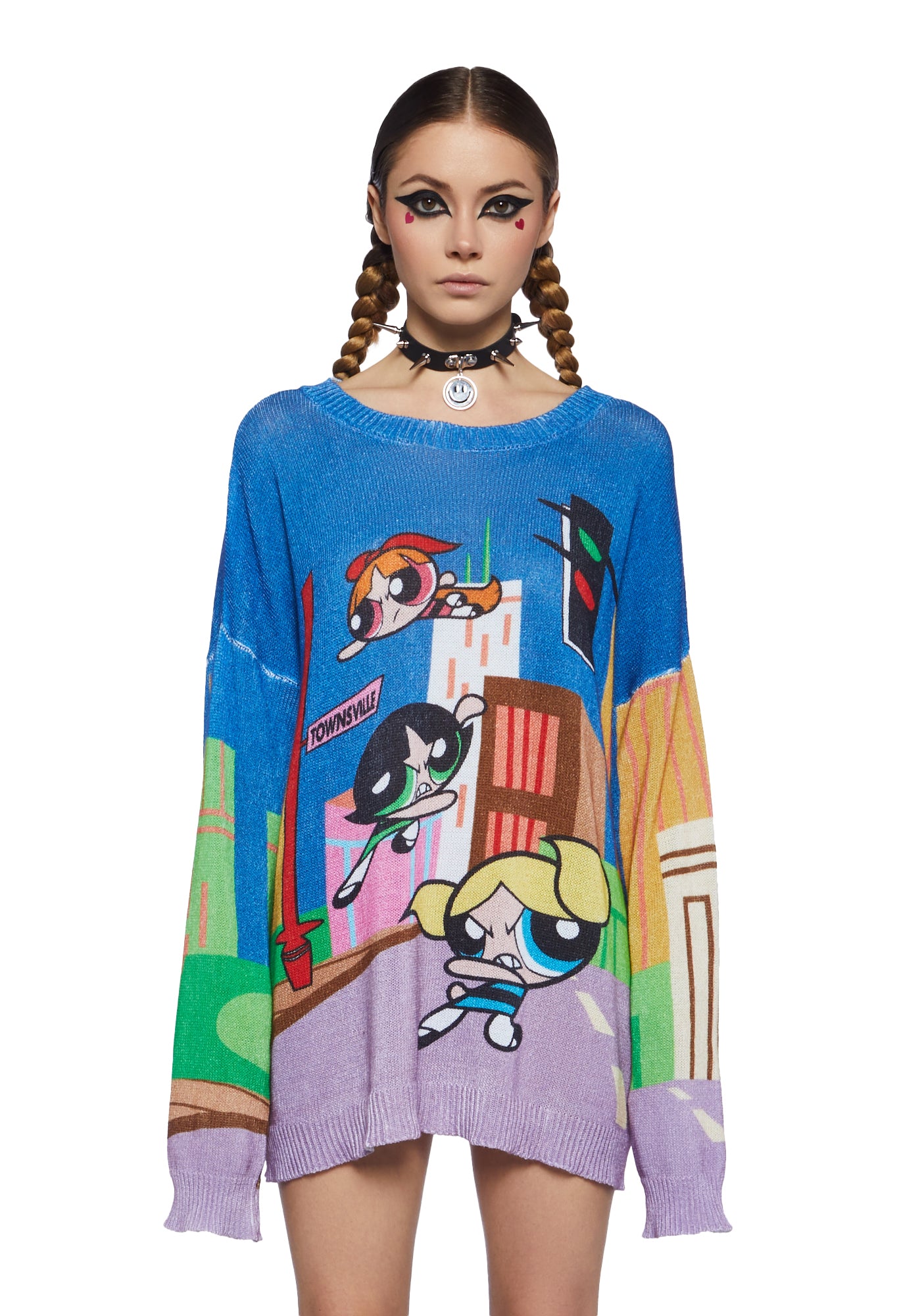 Dolls Kill x PowerPuff Girls Oversized Intarsia Sweater Multi