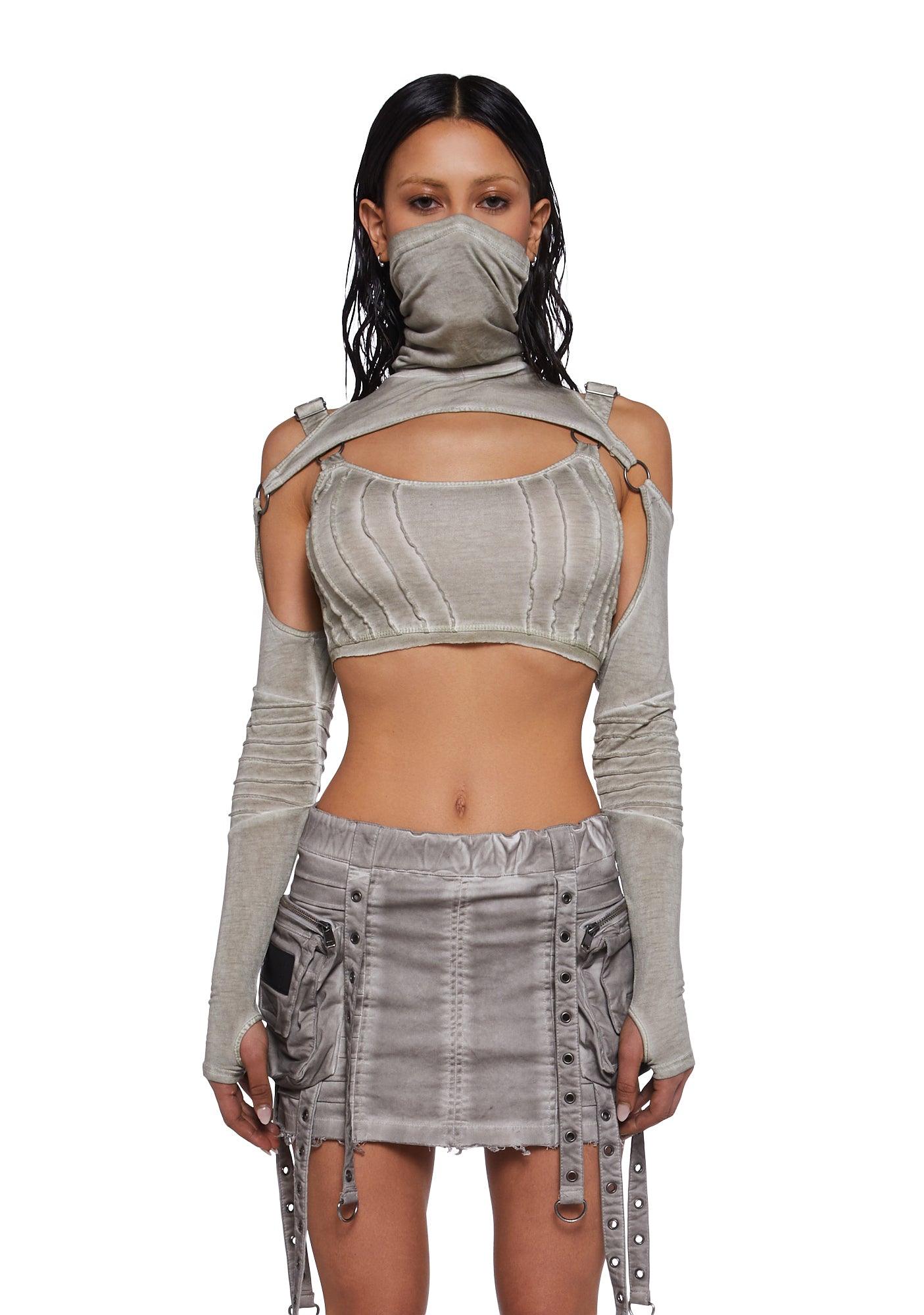 Darker Wavs Washed Faded Bustier Crop Top With Removable Sleeves