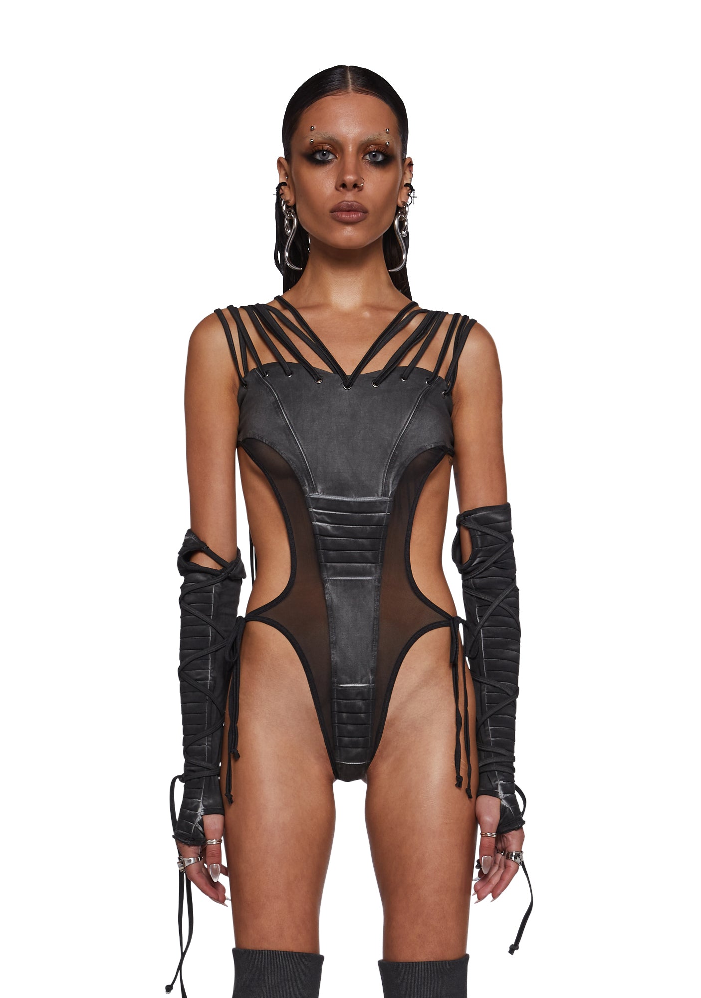 Frequency Strappy Mesh And Jersey Bodysuit - Black
