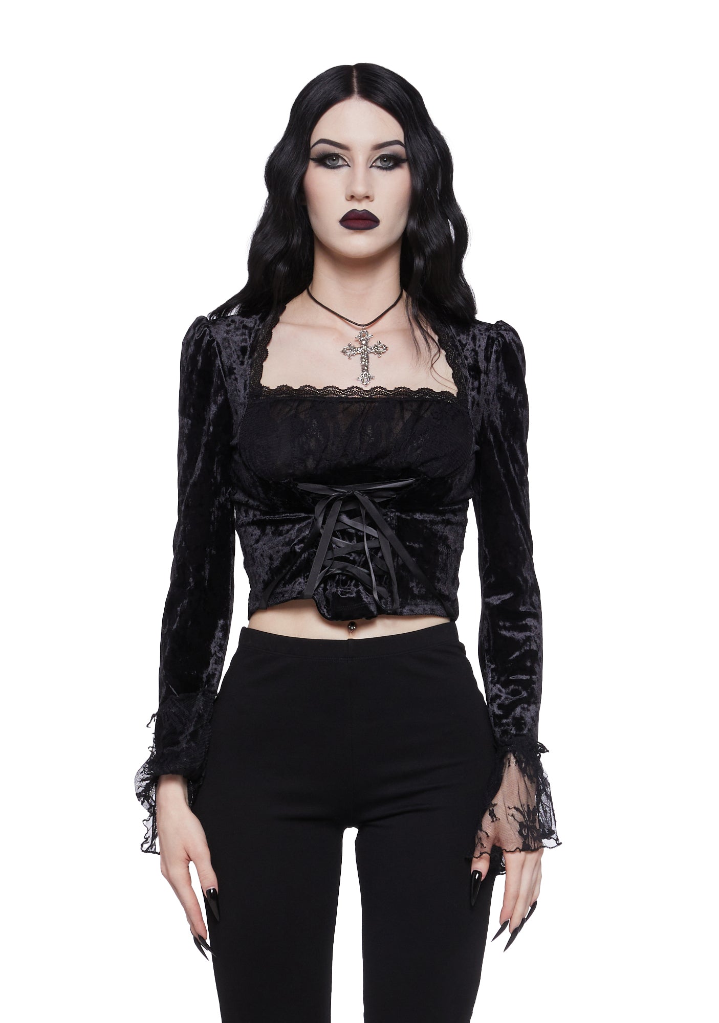 Widow Velvet Long Sleeve Top- Black