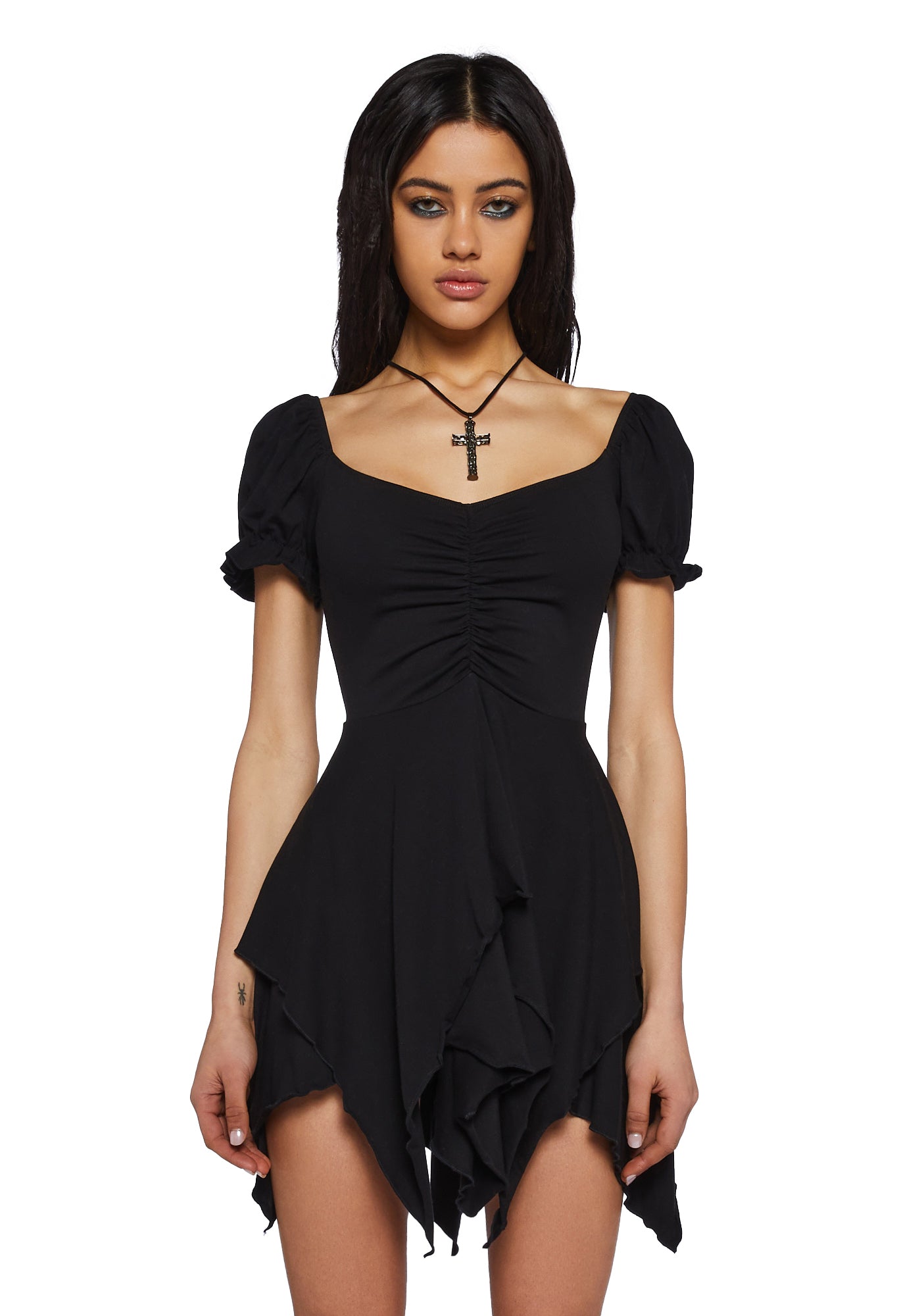 Current Mood Handkerchief Puff Sleeve Mini Dress - Black