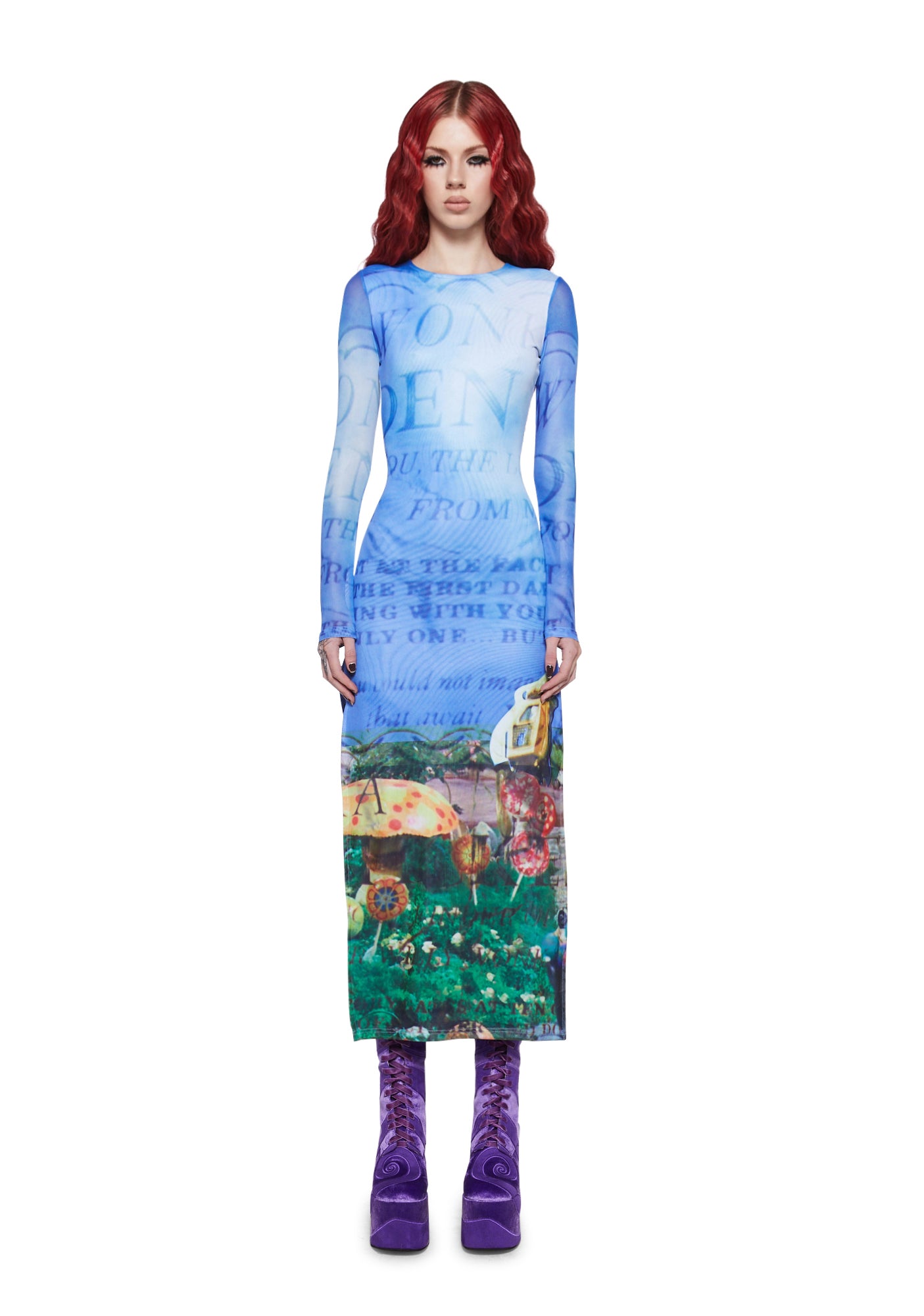 Dolls Kill x Willy Wonka Golden Ticket Wonkavator Mesh Maxi Dress - Blue