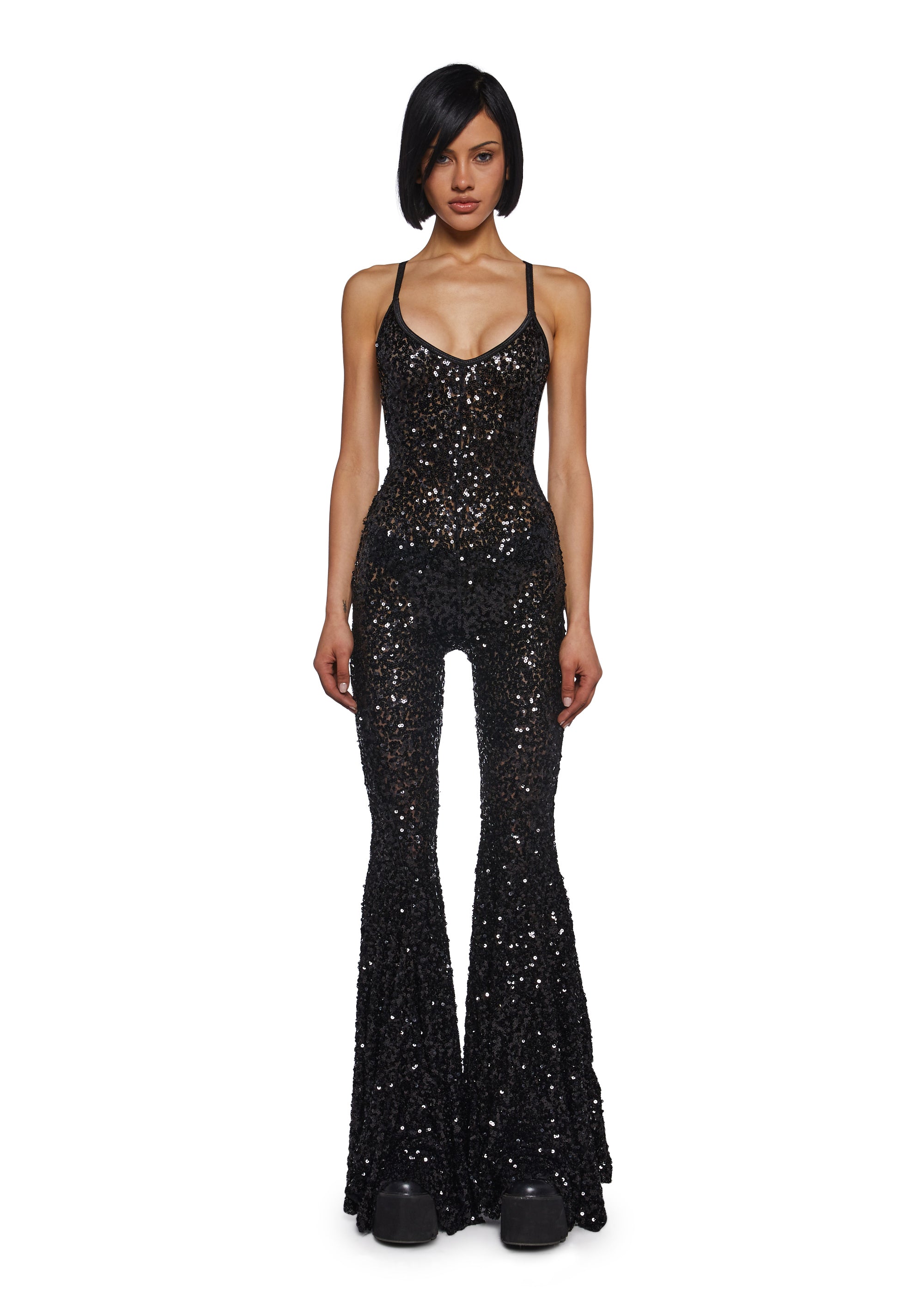 Club Exx Sequin Glitter Mesh Jumpsuit- Black – Dolls Kill