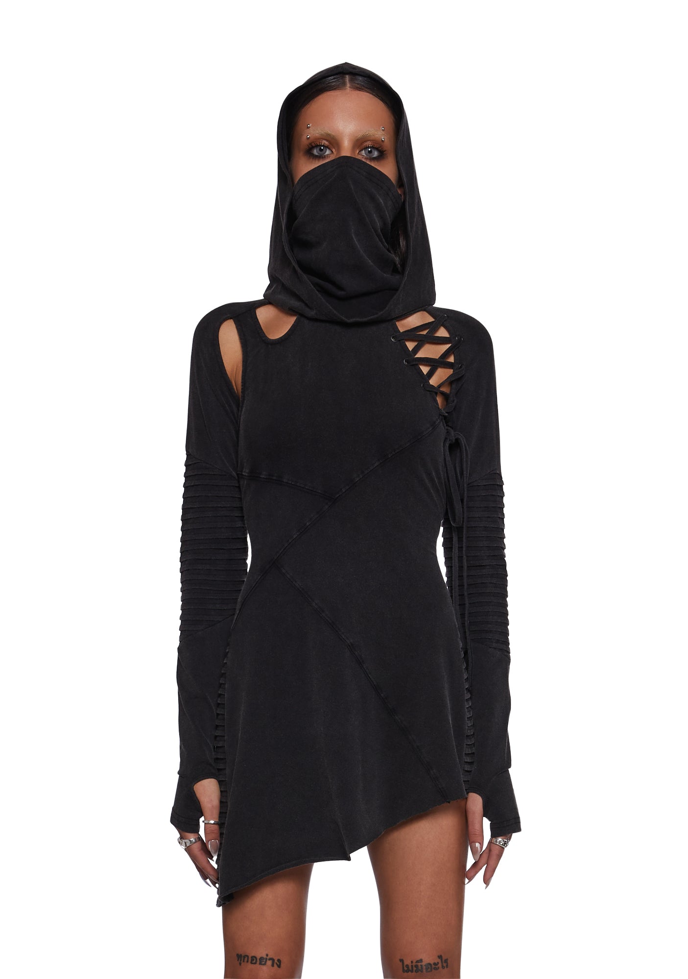 Darker Wavs Mask Hooded Slit Mini Dress - Black