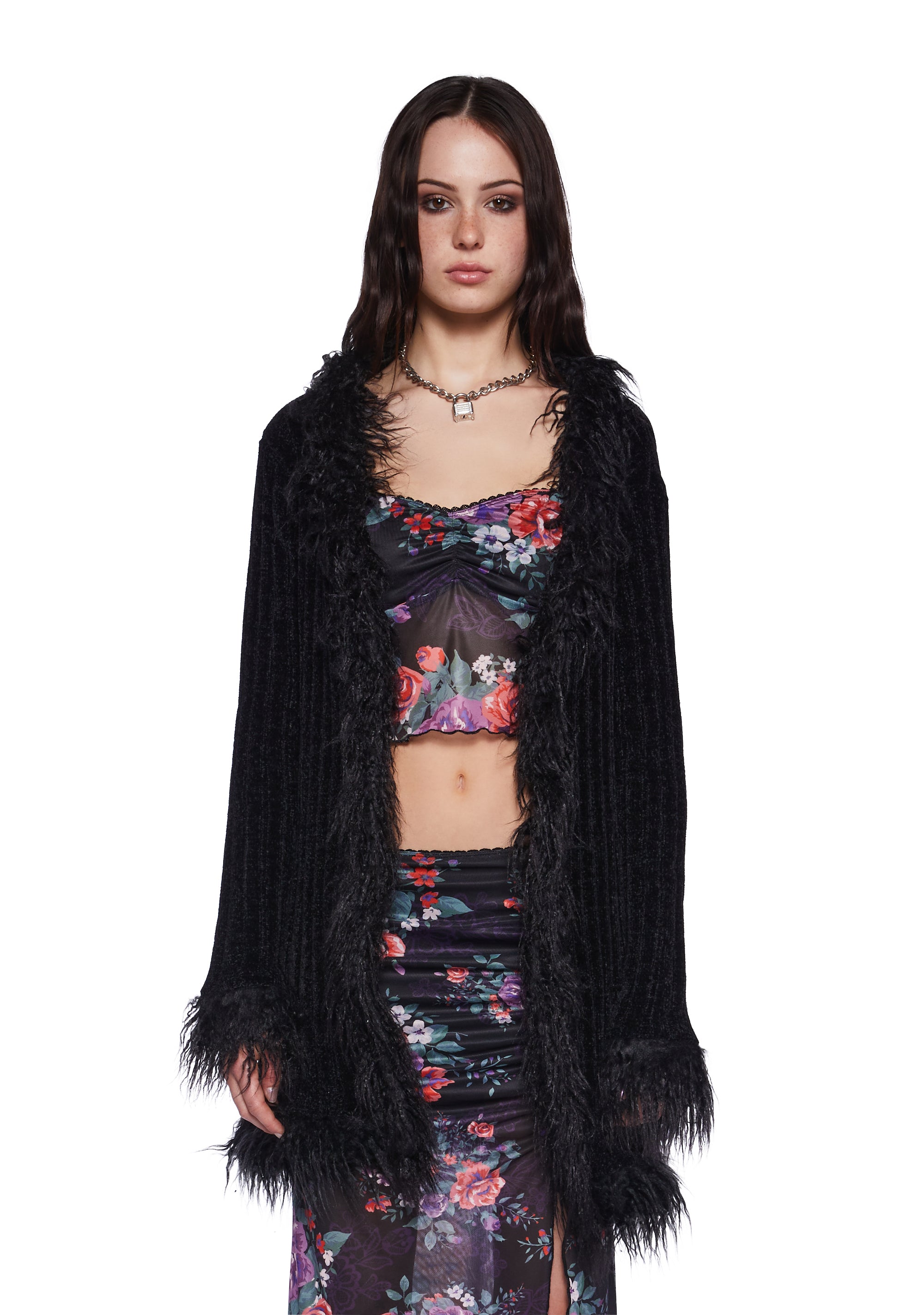 Current Mood Faux Fur Trim Long Cardigan Black Dolls Kill