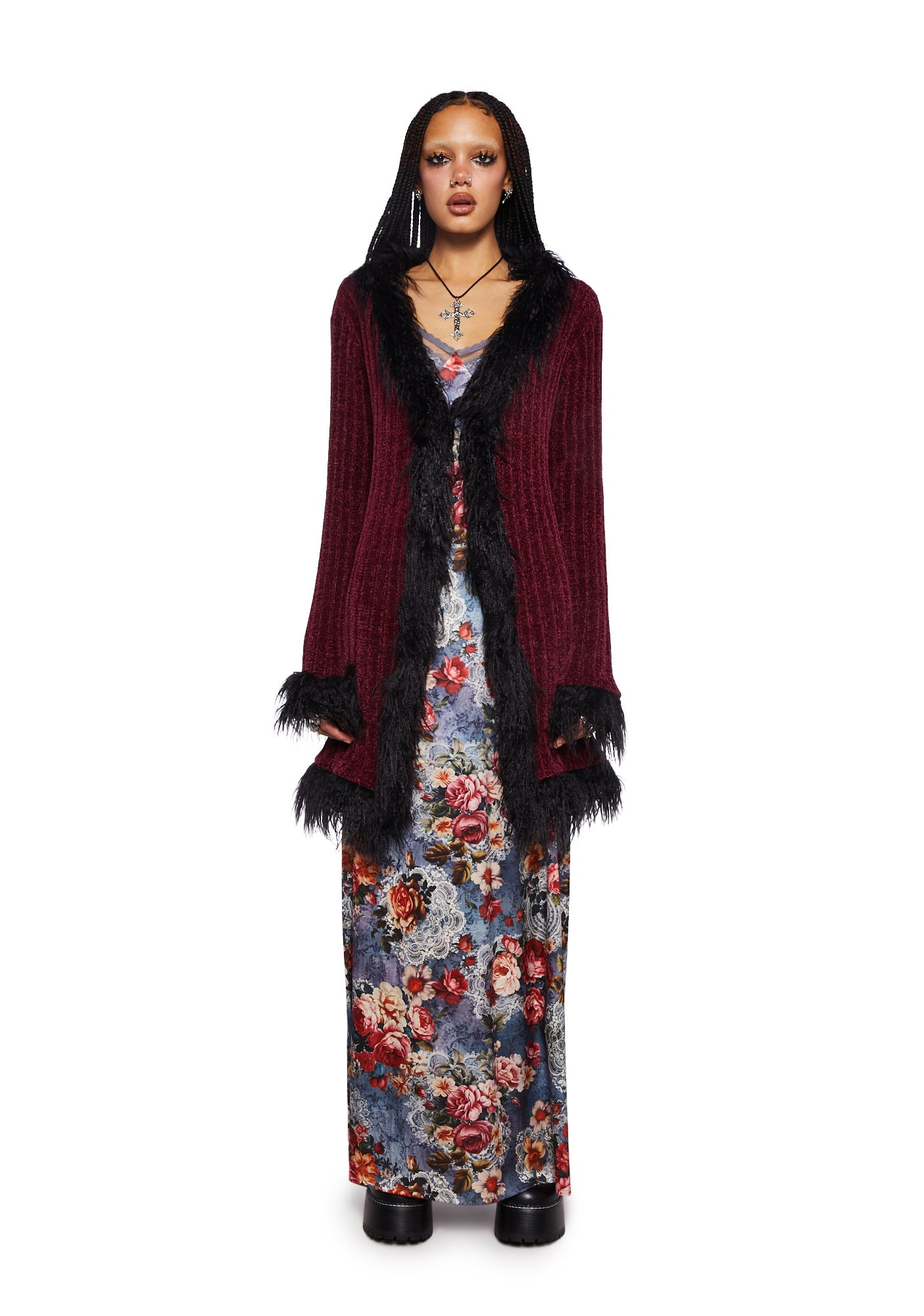 Current Mood Faux Fur Trim Long Cardigan - Burgundy – Dolls Kill