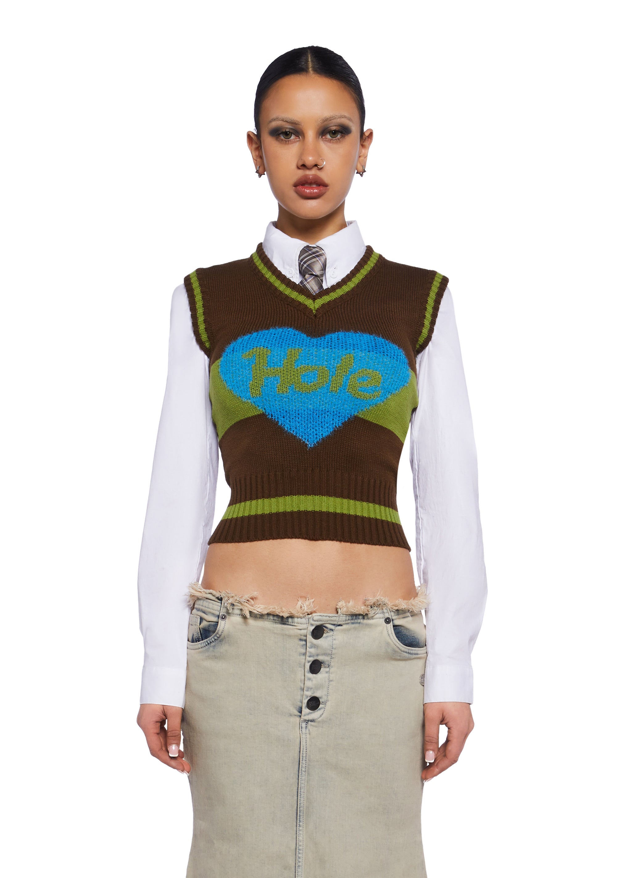 Basic Pleasure Mode Hole Band Grunge 90s Knit Vest - Green