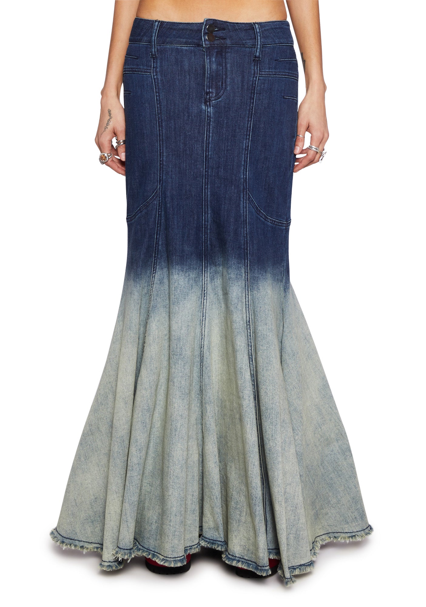 Current Mood Dip Dye Mermaid Denim Maxi Skirt Light Blue – Dolls