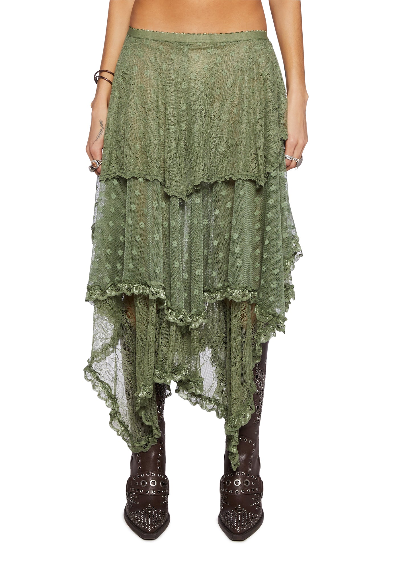 Current Mood Pieced Lace Mesh Maxi Skirt Fairycore Green Dolls Kill
