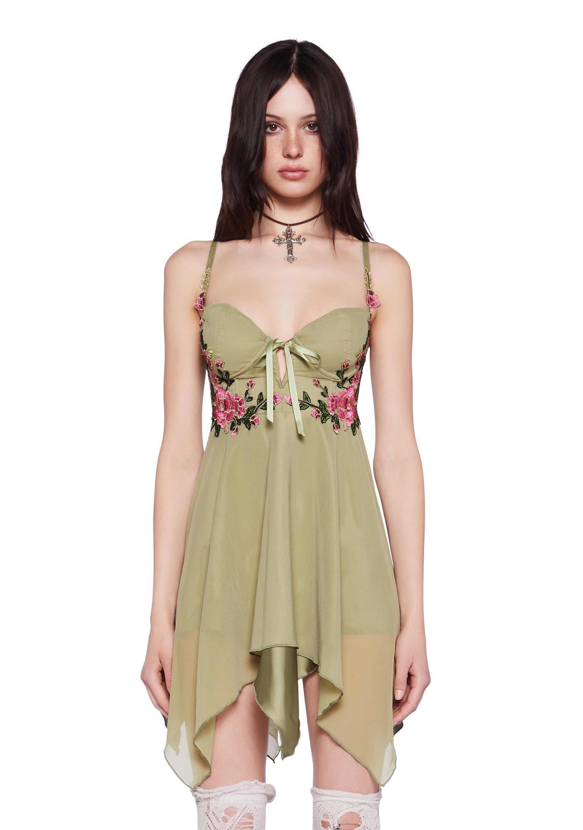 Current Mood Floral Applique Fairycore Fairy Cottagecore Mini Dress - Green   Dolls Kill