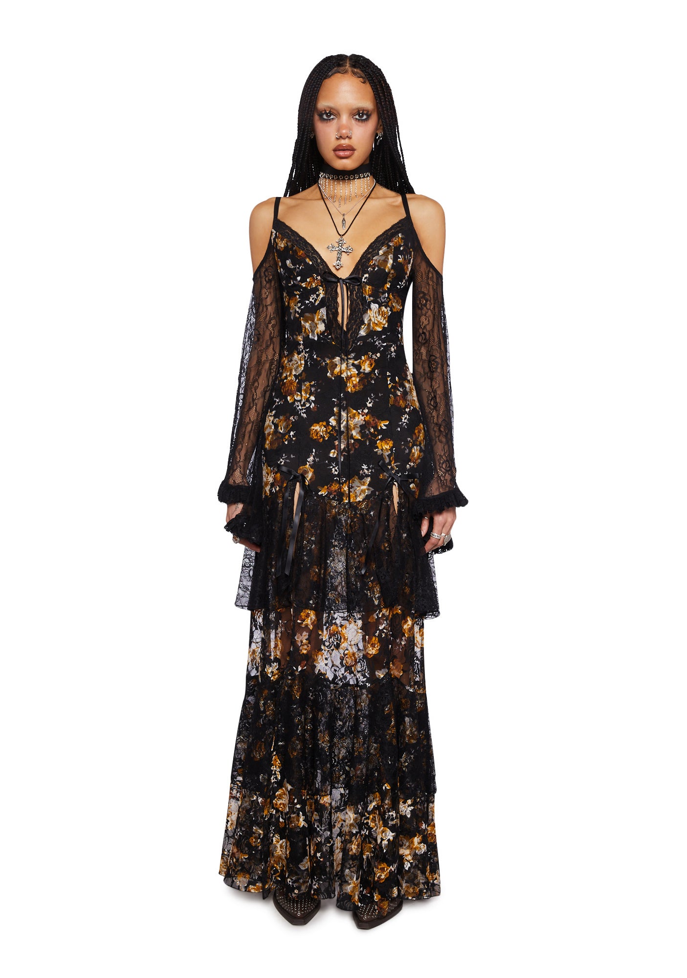 Current Mood Floral Print Lace Maxi Dress- Black Dolls Kill Current Mood Floral Print Lace Maxi Dress- Black Dolls Kill