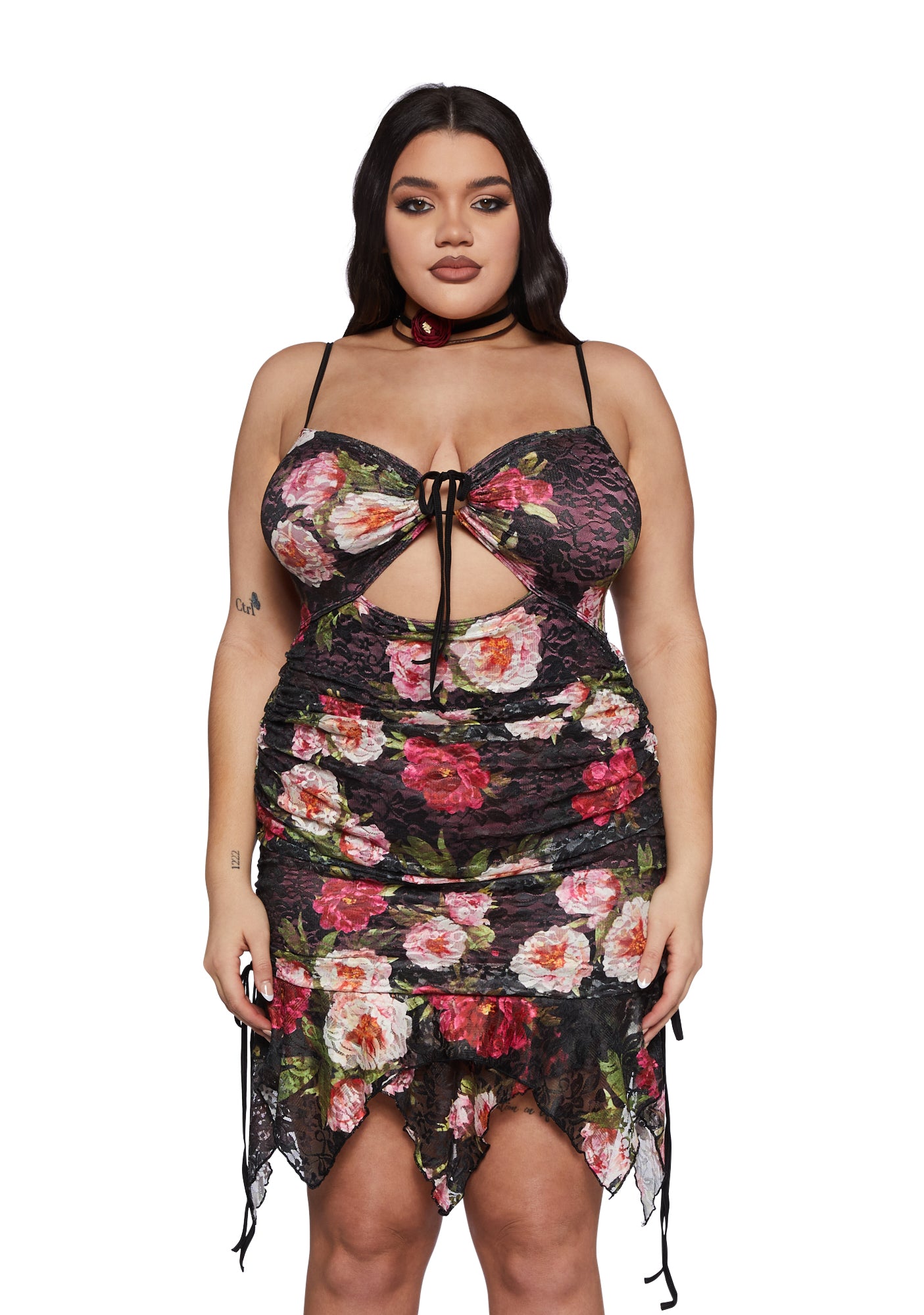 knee length dresses for ladies Plus Size Floral Mesh Overlay Side Slit Maxi Dress main image 1