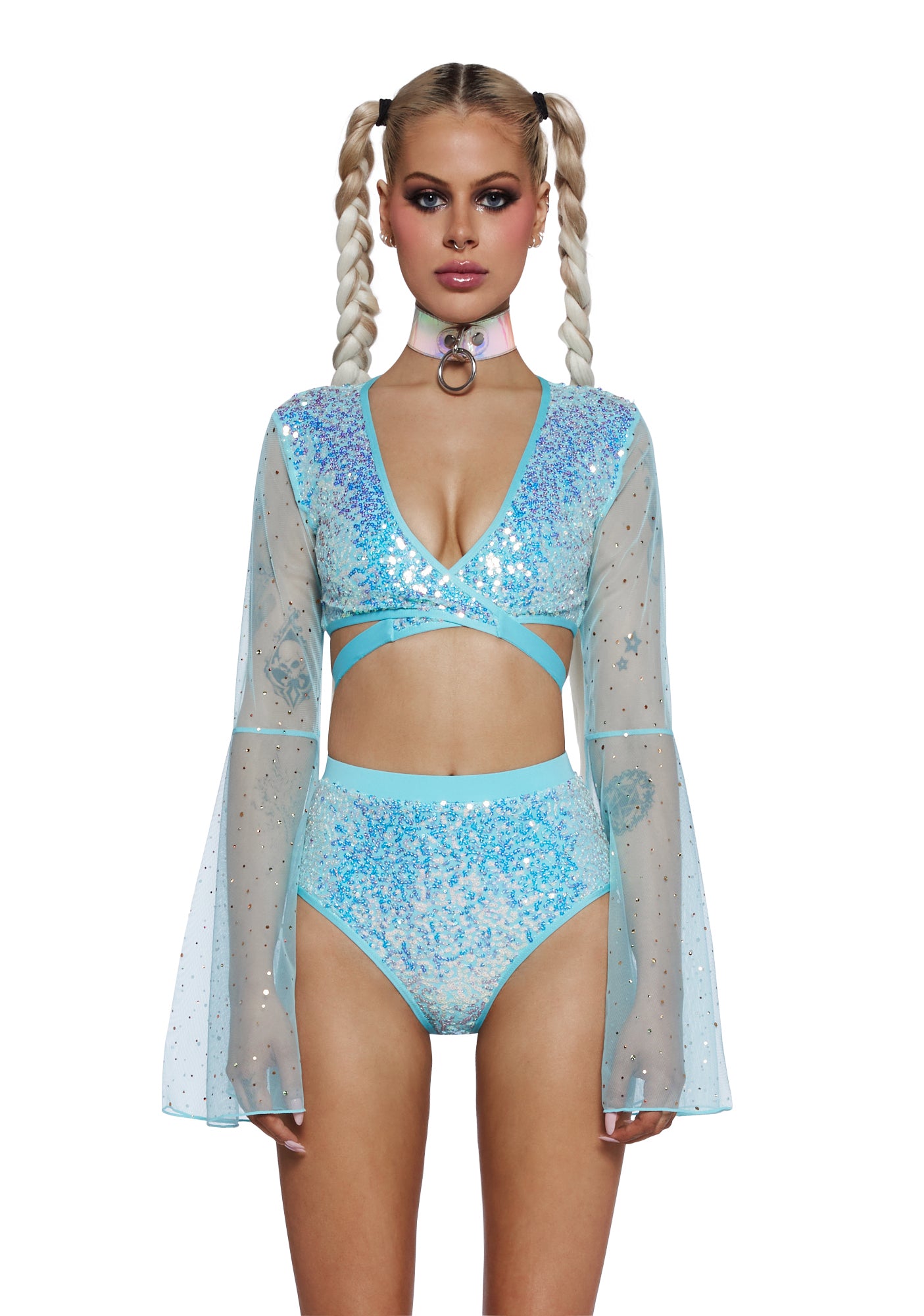Club Exx Plunging Sequin Wrap Top With Bell Sleeves - Blue – Dolls