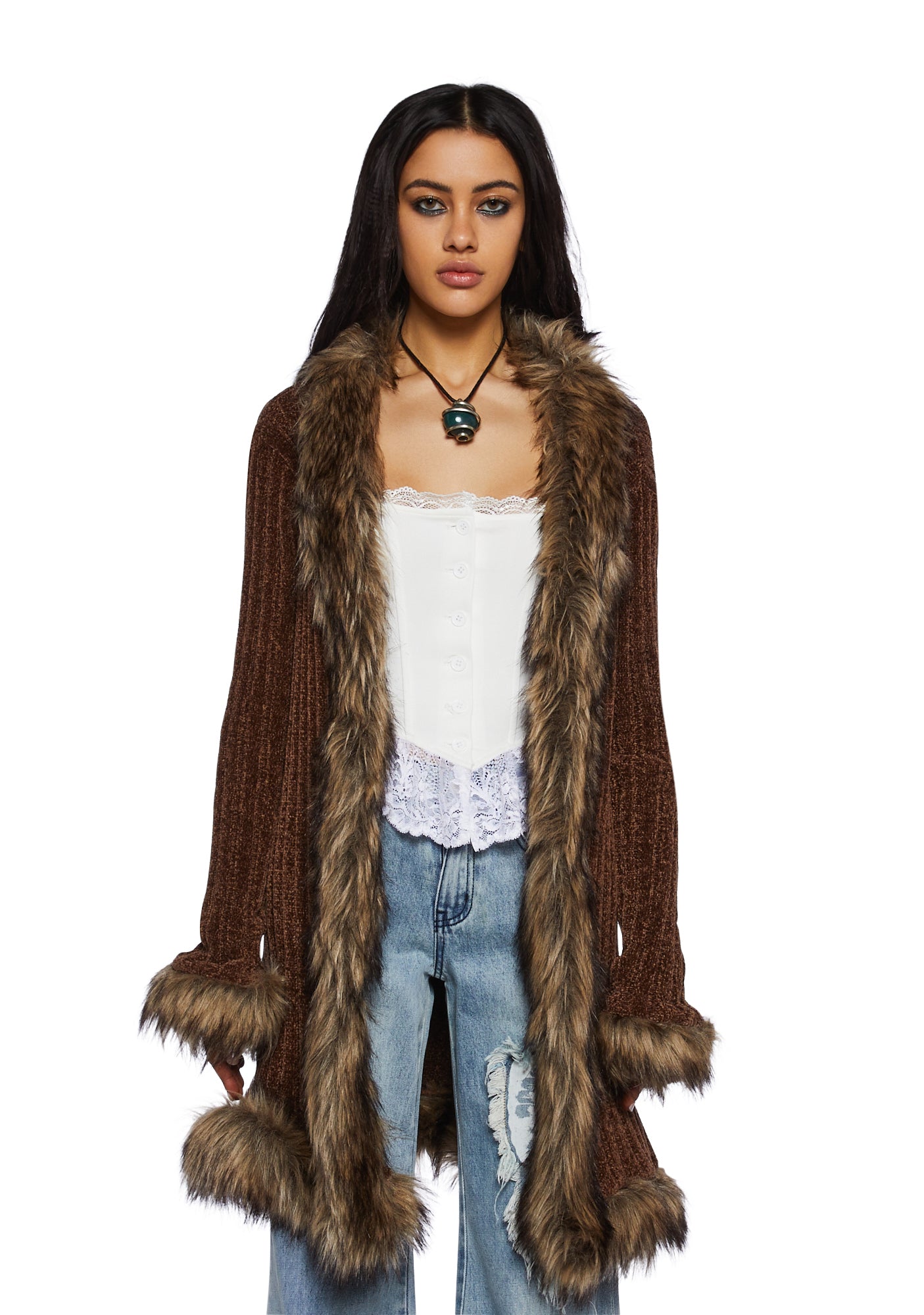 Current Mood Faux Fur Trim Long Cardigan Brown Dolls Kill