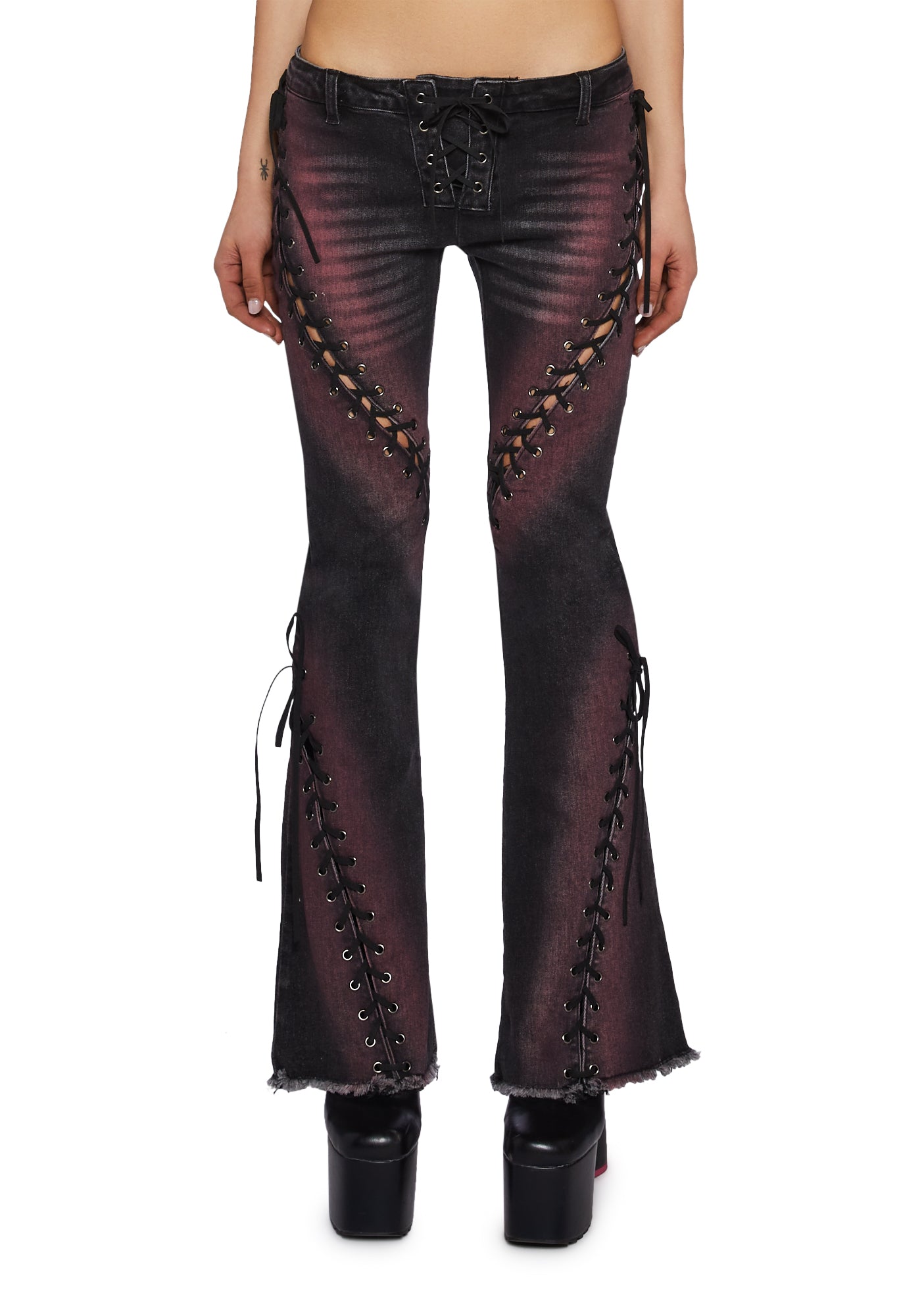 Current Mood Washed Ombre Lace Up Denim Flares Red – Dolls Kill