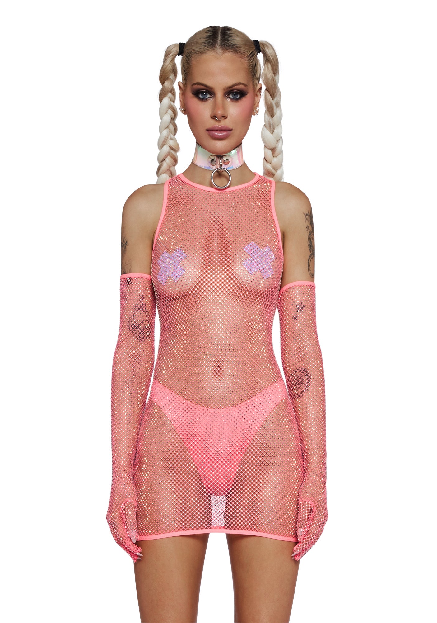 Club Exx Rhinestone Fishnet Dress Gloves Panty Set