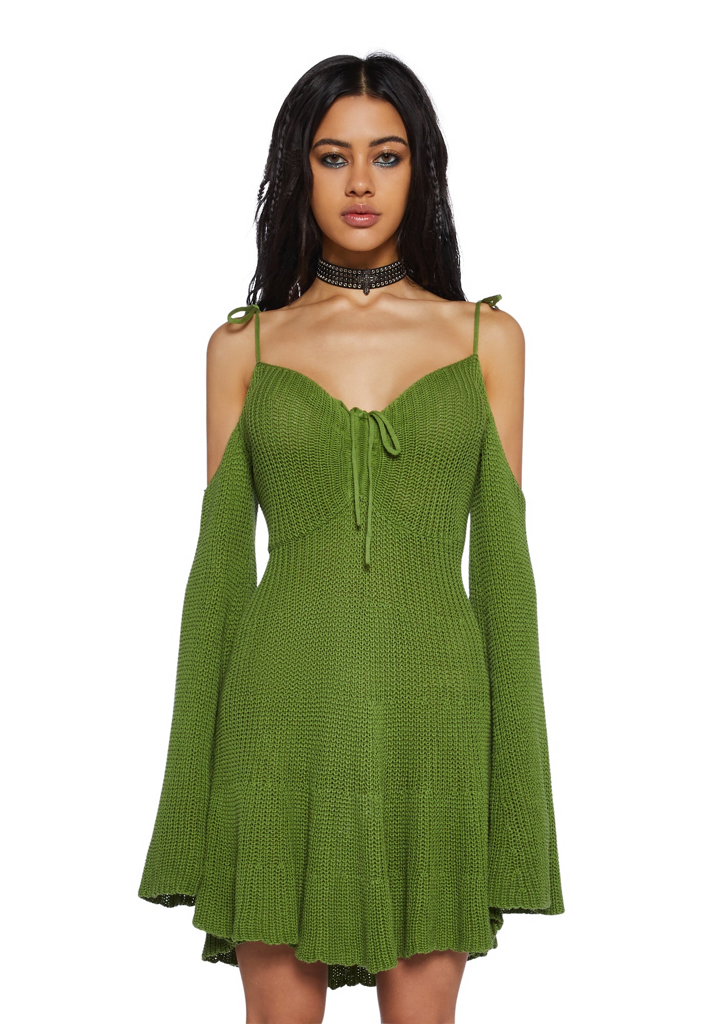Current Mood Crochet Off The Shoulder Mini Dress - Green